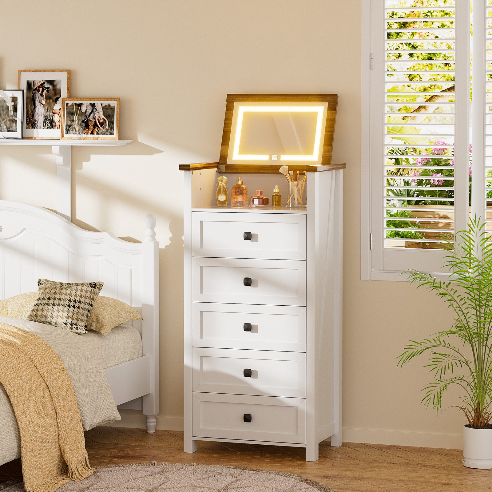 BROTTAR Schubkastenkommode mit 5 Schubladen und 1 klappbaren Spiegel, für Schlafzimmer, Wohnzimmer oder Badezimmer, 60×40×120cm, weiß