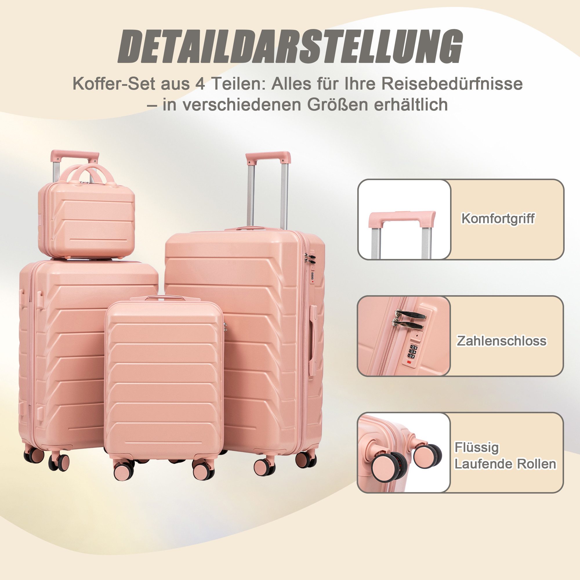 i@home Kofferset 14"/19"/24"/28" 4-teiliger Koffer, 4 Rollen, (4 tlg., 1 Kosmetiktasche, 1 Handgepäck, 2 Aufgabegepäck), zwei Größen mit Seitenhandgriffen, Aufh – Bild 4 von 5