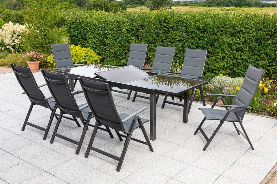 MERXX Garten-Essgruppe Taviano, (Set, 9-tlg), 8 Klappsessel, 5-fach  verstellbar, Ausziehtisch, Hochwertiges Alumimiumgestell mit Textilbezug,  gepadded, grafit/anthrazit