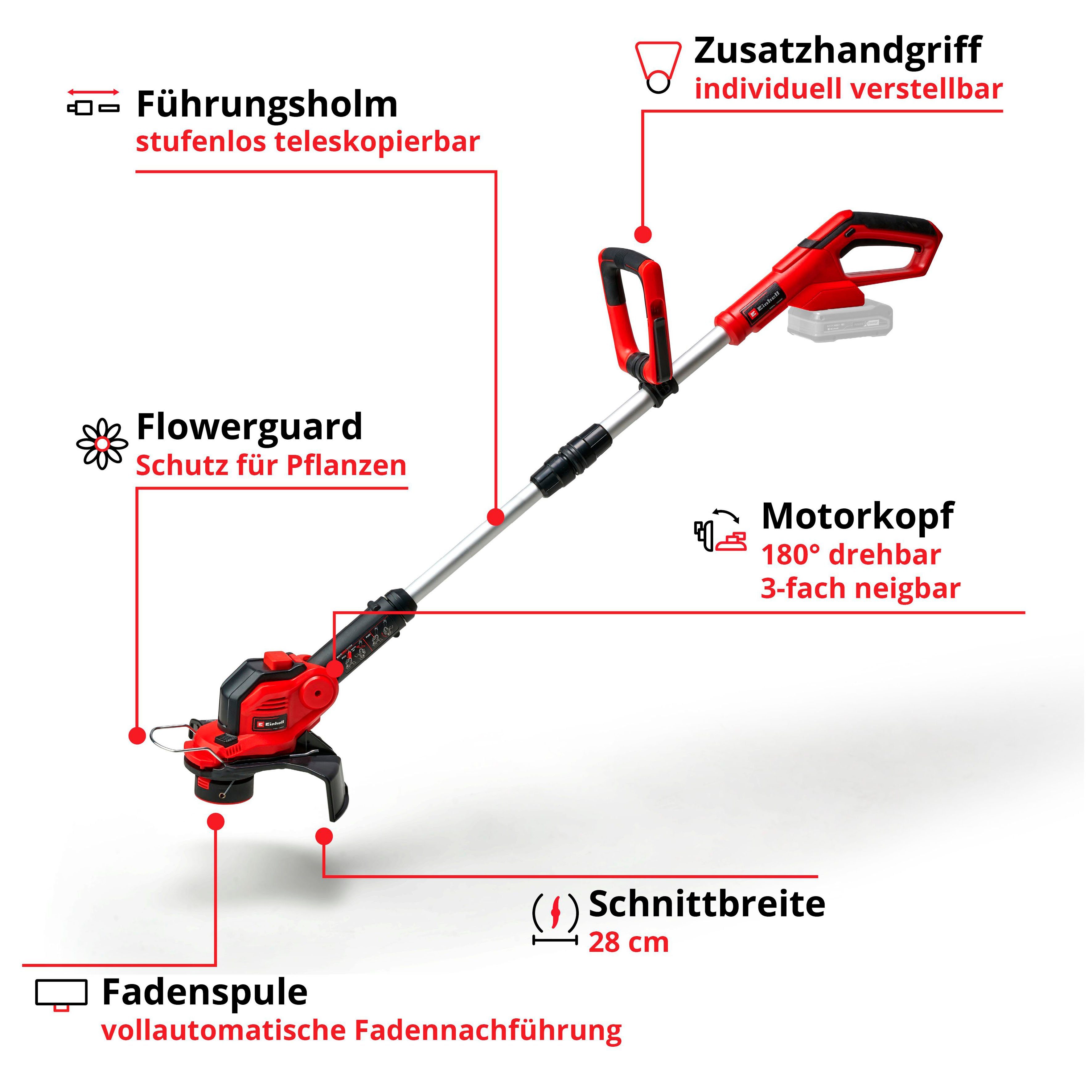 Einhell Akku-Rasentrimmer GE-CT 18/28 Li-Solo, 28 cm Arbeitsbreite Messer, 28 cm Arbeitsbreite Faden