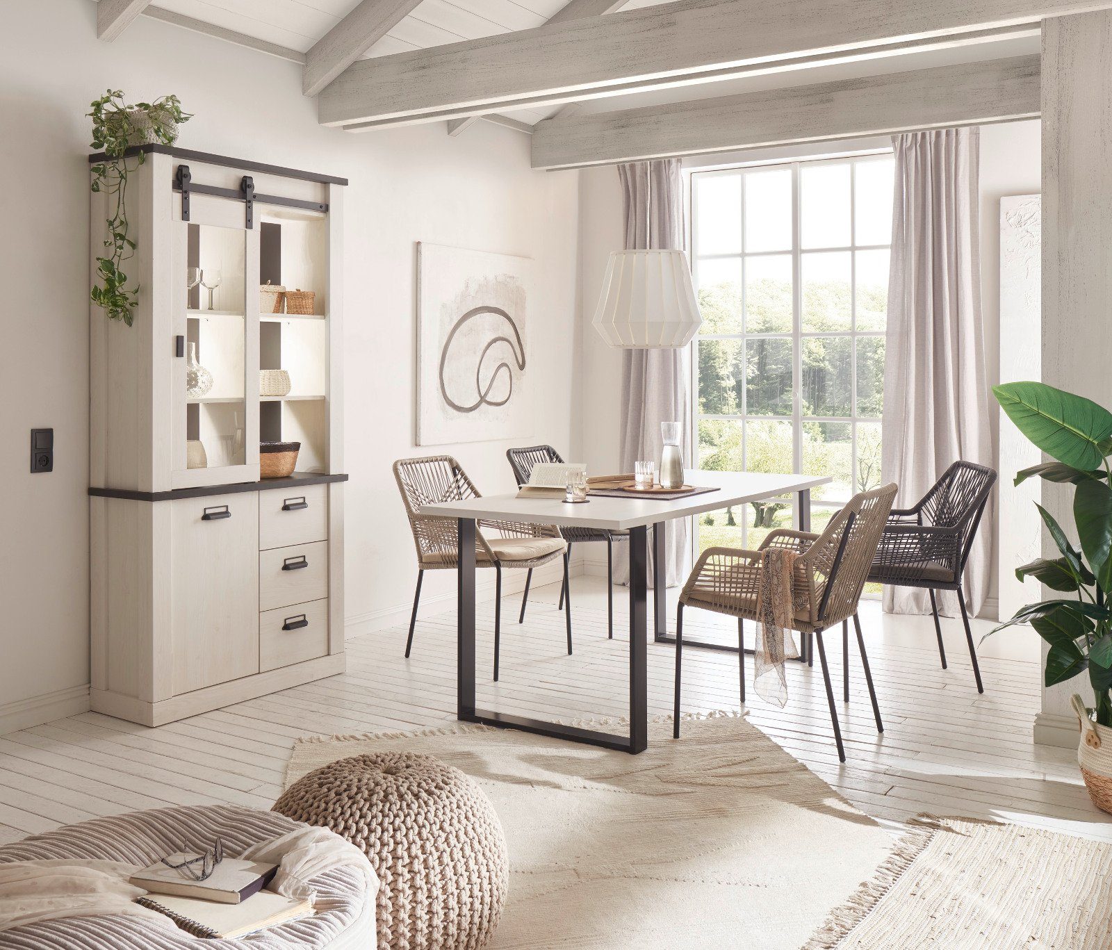 Furn.Design Esstisch Stove (Tisch in Pinie weiß mit Anthrazit, 180 x 80 cm, bis 6 Personen), mit Metallgestell