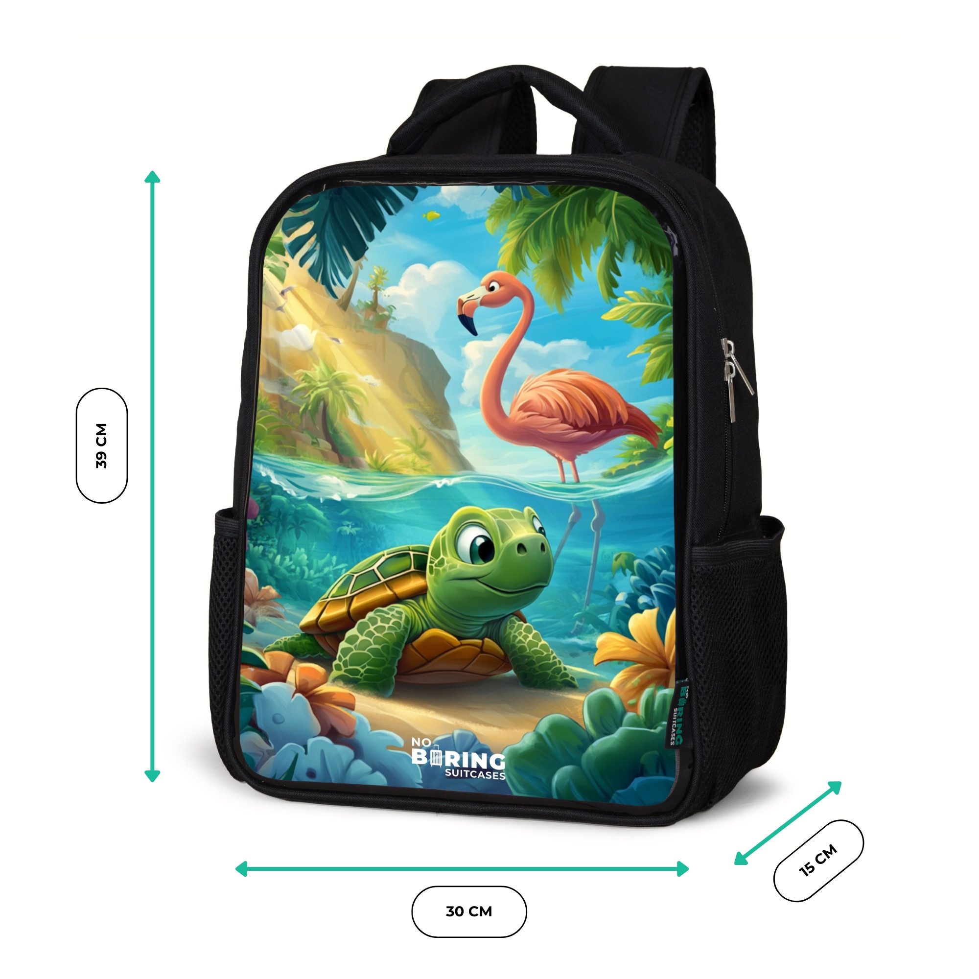 NoBoringSuitcases.com© Rucksack Schildkröte in tropischem Wasser mit Flamingo, Kinderrucksack Schwarz, Schulrucksack, Freizeitrucksack Jungen Mädchen
