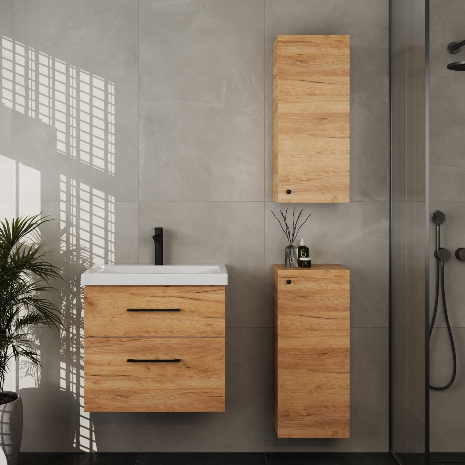 Planetmöbel Badmöbel-Set Badmöbel-Set 63cm mit 2x Midischrank, (Waschbeckenunterschrank, Badezimmerschrank)