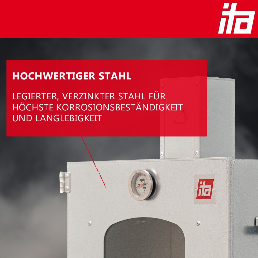 ITA Räucherofen Räucherofen 7012 - Premium Räucherschrank mit 3 Etagen, 1-St., Legierter Stahl, mit Sichtfenster & Kaminabzug