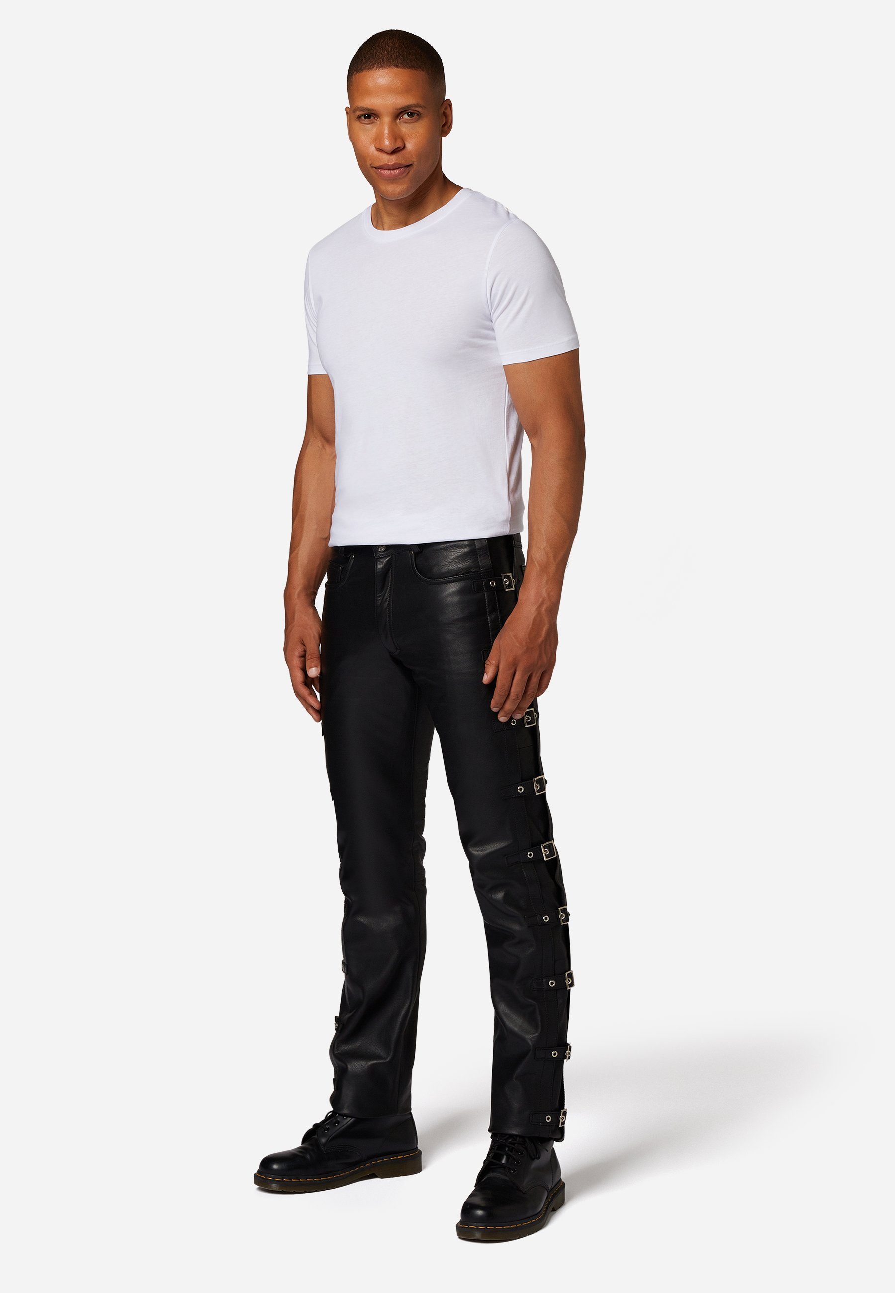 RICANO Lederhose Buckle Schnallenhose Lederhose mit Schnallengürtel im 5-Pocket-Stil