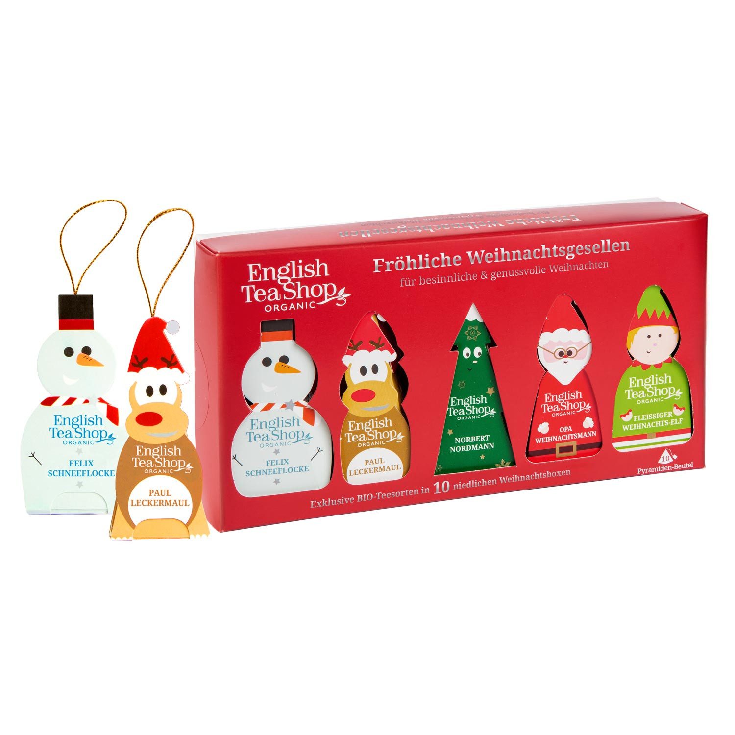 English Tea Shop Tee Geschenk "Fröhliche Weihnachtsgesellen", BIO, 10 Pyramidenbeutel, 5 Sorten á 2 Tees in Pyramidenbeuteln.