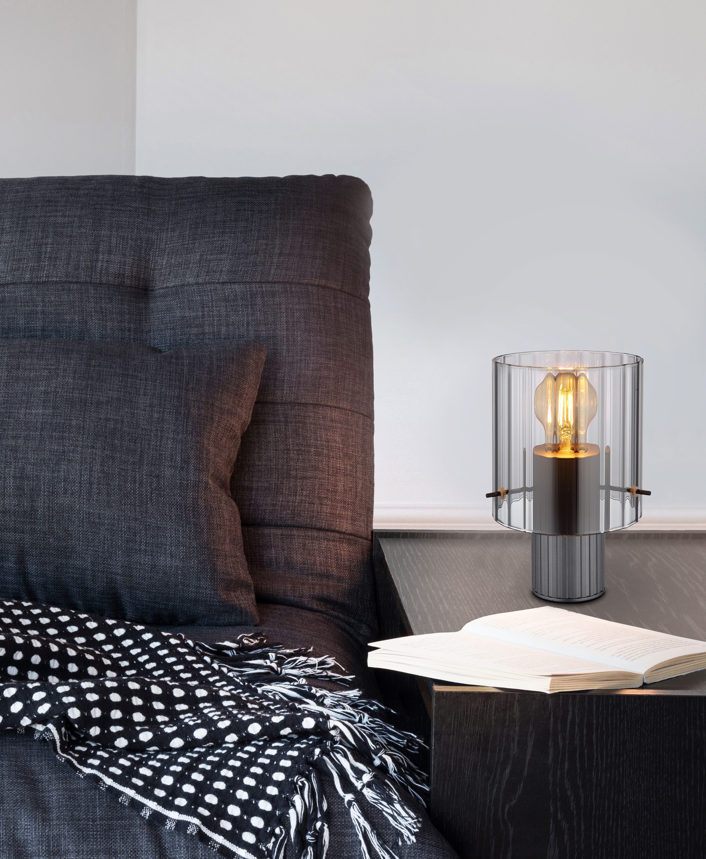 GLOBO LIGHTING Tischleuchte TULIVAR, ohne Leuchtmittel, Tischlampe/Glas rauchfarben/Rillen/Wohnzimmer/Schlafzimmer