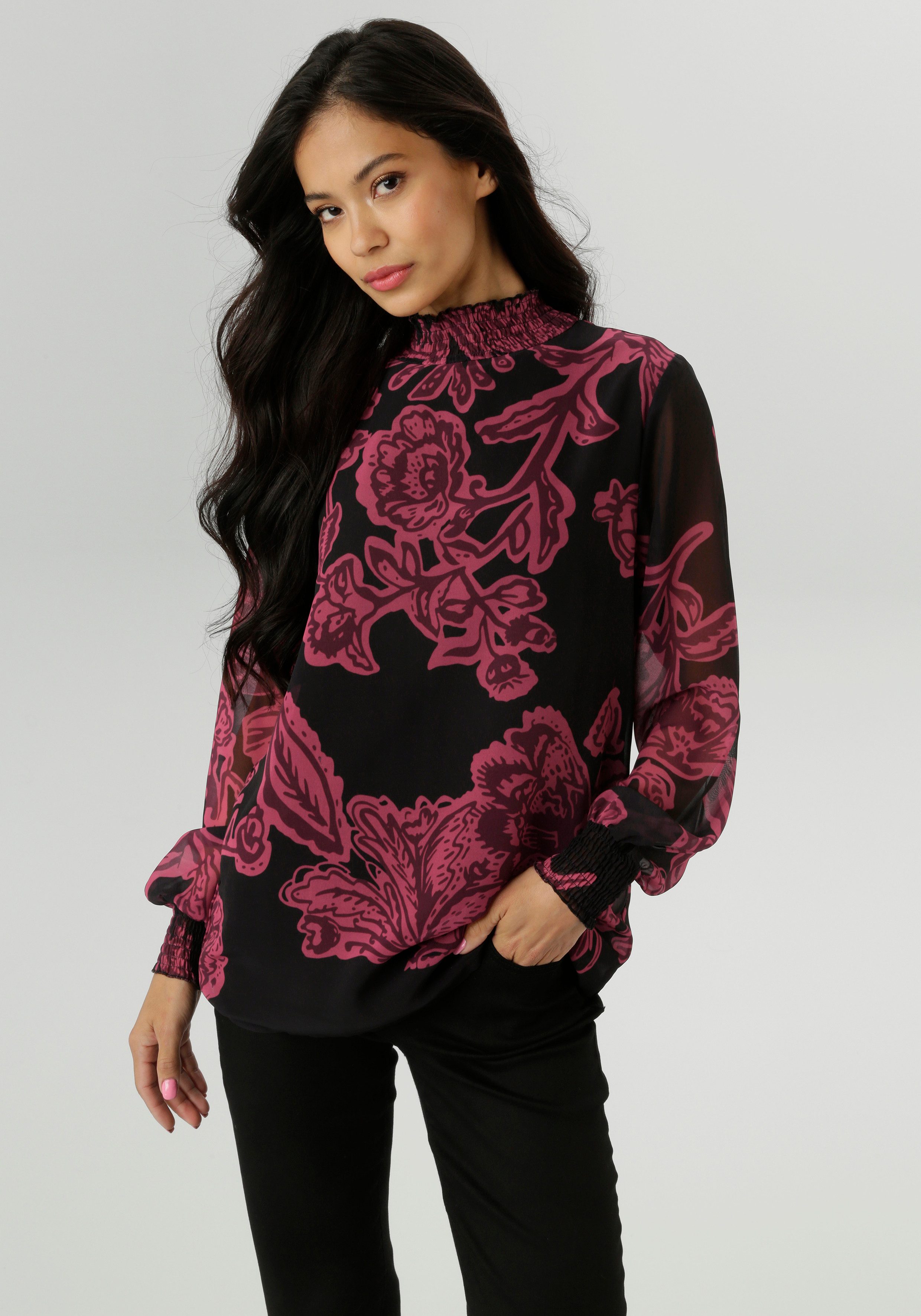 Aniston SELECTED Schlupfbluse mit Blüten- und Blätterdruck und Smok-Einsätz günstig online kaufen