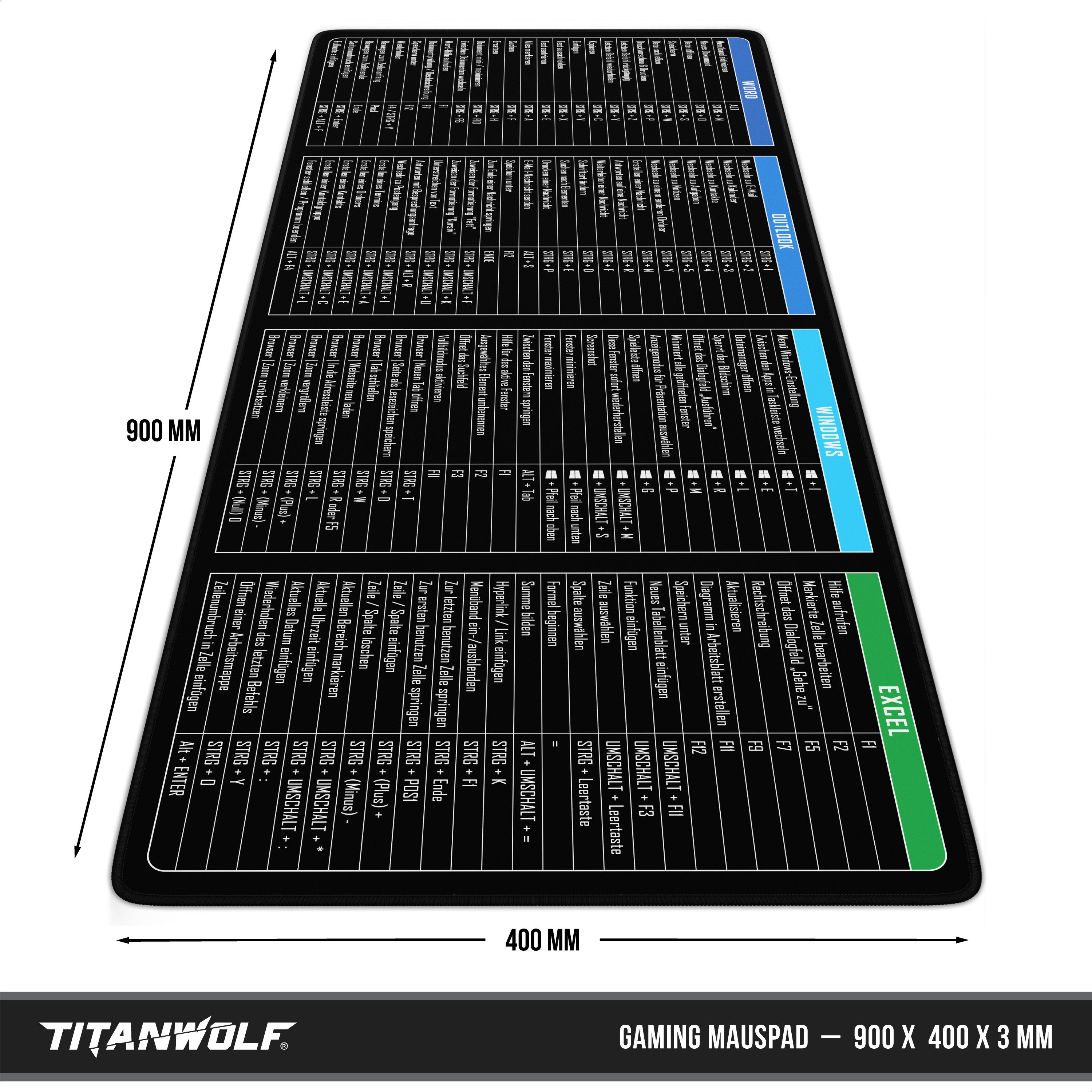 Titanwolf Gaming Mauspad XXL Speed Mousepad 900 x 400 x 3 mm, Schreibtischauflage, abwaschbar, rutschfeste Rückseite, Geschwindigkeit & Präzision, MS Function