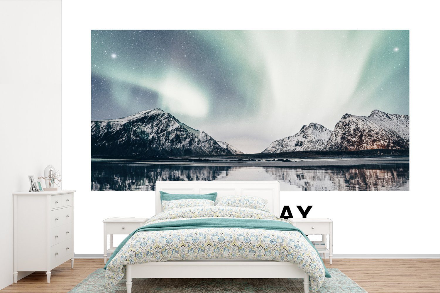 MuchoWow Fototapete Norwegen - Nordlichter - Wasser, Matt, bedruckt, (6 St), Wallpaper für Wohnzimmer, Schlafzimmer, Kinderzimmer, Vinyl Tapete | Fototapeten
