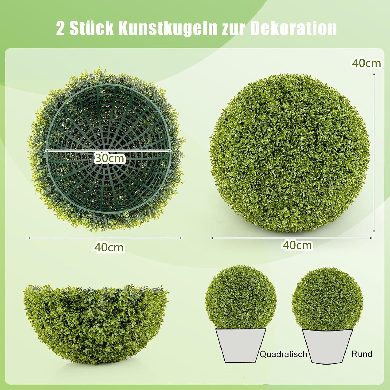 Kunstpflanze Buchsbaum, COSTWAY, 2er φ40cm UV-beständig Grün