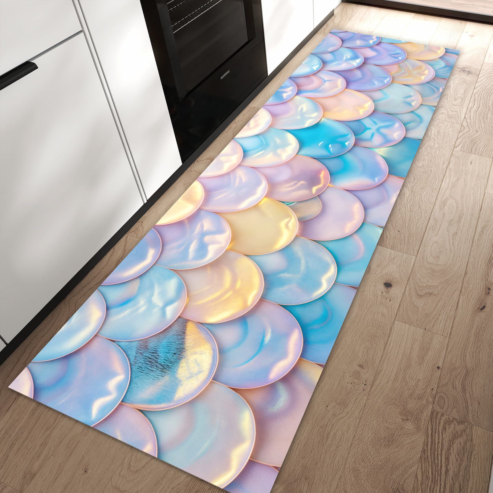 Primedeco Teppich Küchenteppich Schuppen Mix Pastell PVC rutschfest abwaschbar Läufer, Rechteckig, Höhe: 3 mm, Pflegeleicht & Wasserabweisend
