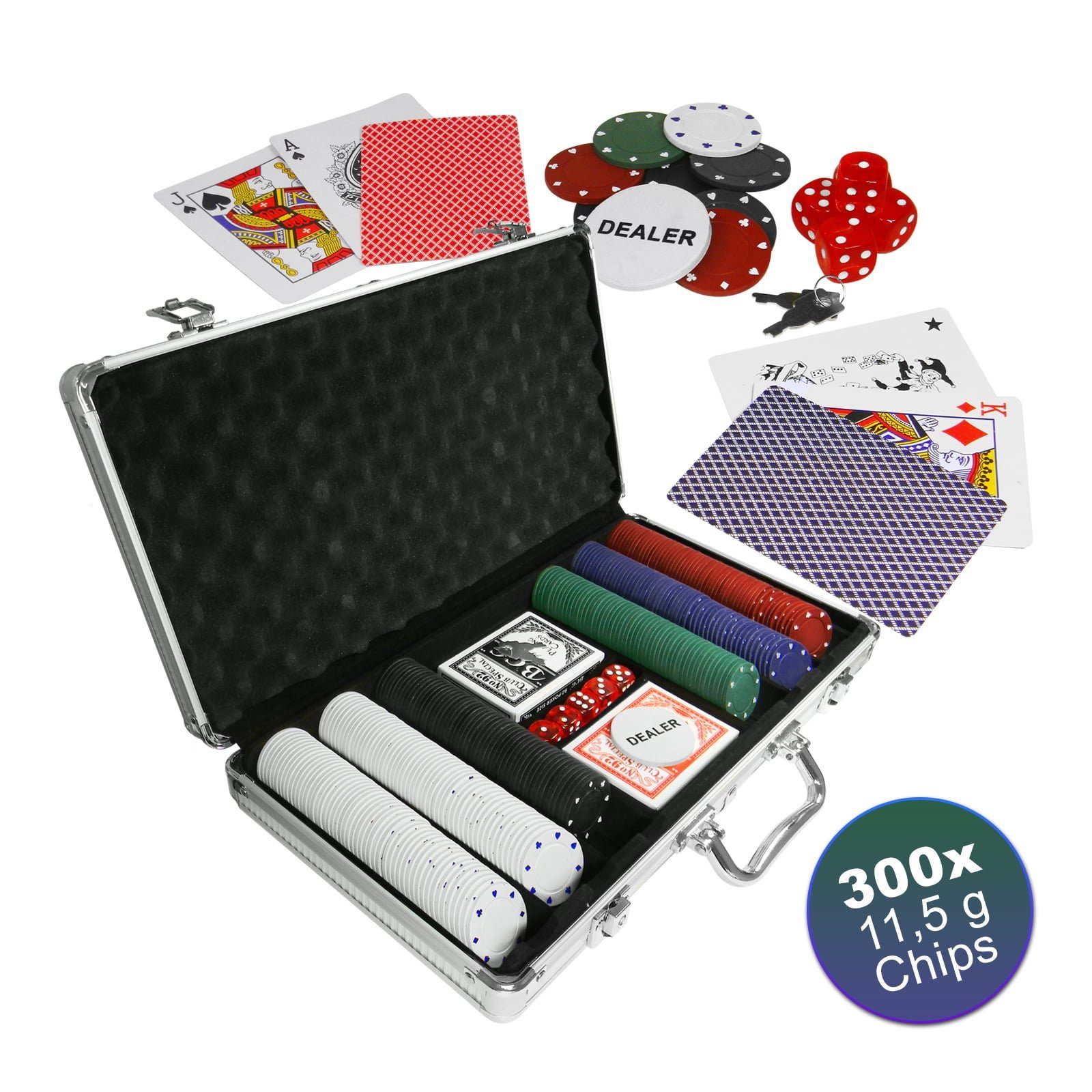 EAXUS Spielesammlung Royal Flush Pokerkoffer - Profi Pokerset 300 Chips, Poker, Kartenspiel, Koffer aus Aluminium, mit Black Jack & Texas Hold'em Kartendecks