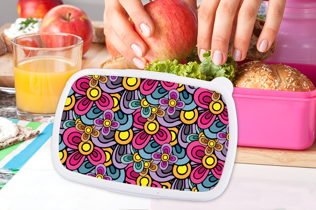 Snackbox, (2-tlg), rosa Lila, Erwachsene, - - Hippie - MuchoWow Kunststoff, Mädchen, Blumen für Diagramm Kunststoff Brotdose Brotbox Kinder, Lunchbox