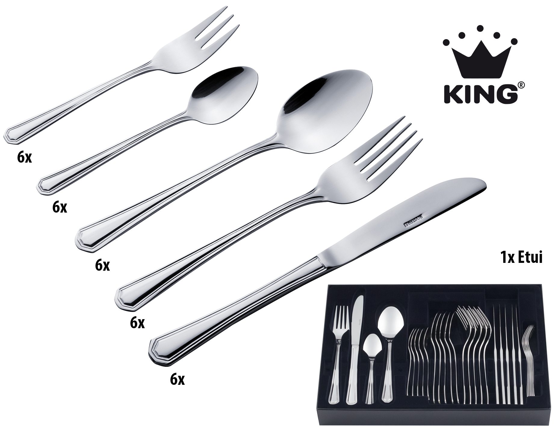 KING Besteck-Set »Düsseldorf« (31-tlg), 6 Personen, Edelstahl 18/0, Besteck im zeitlosen Design, mit Besteck-Etui
