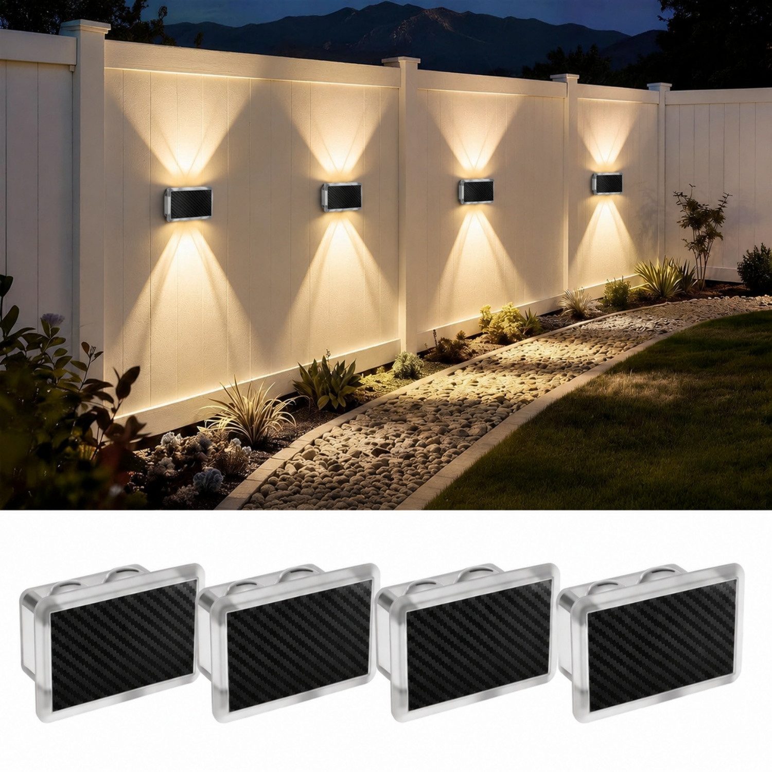 ibettertec LED Außen-Wandleuchte Solar nfür, Up and Down Solarlampen für Außen Wand, 2/4 Stück, IP66 Wasserdicht, 4 LEDs, 9 Farbmodi Solarleuchten für Garten Hof Terrassen Balkone Veranden