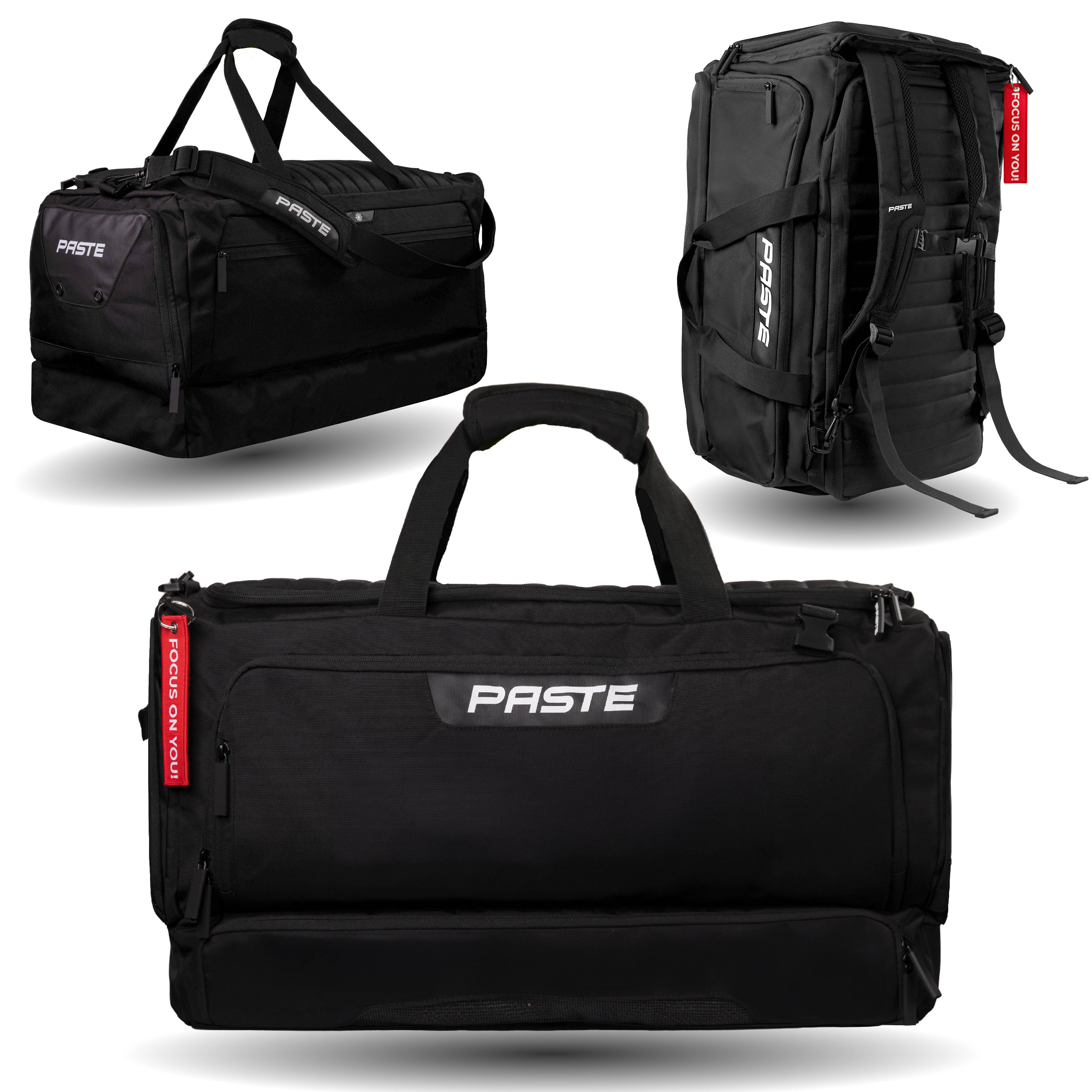 PASTE® Sporttasche & Fitness Tasche XL 63L Schuhfach, Rucksackfunktion & Kühlfach Fußball (ALL IN PRO, in Schwarz), Trainingstasche & Fußballtasche für Damen & Herren