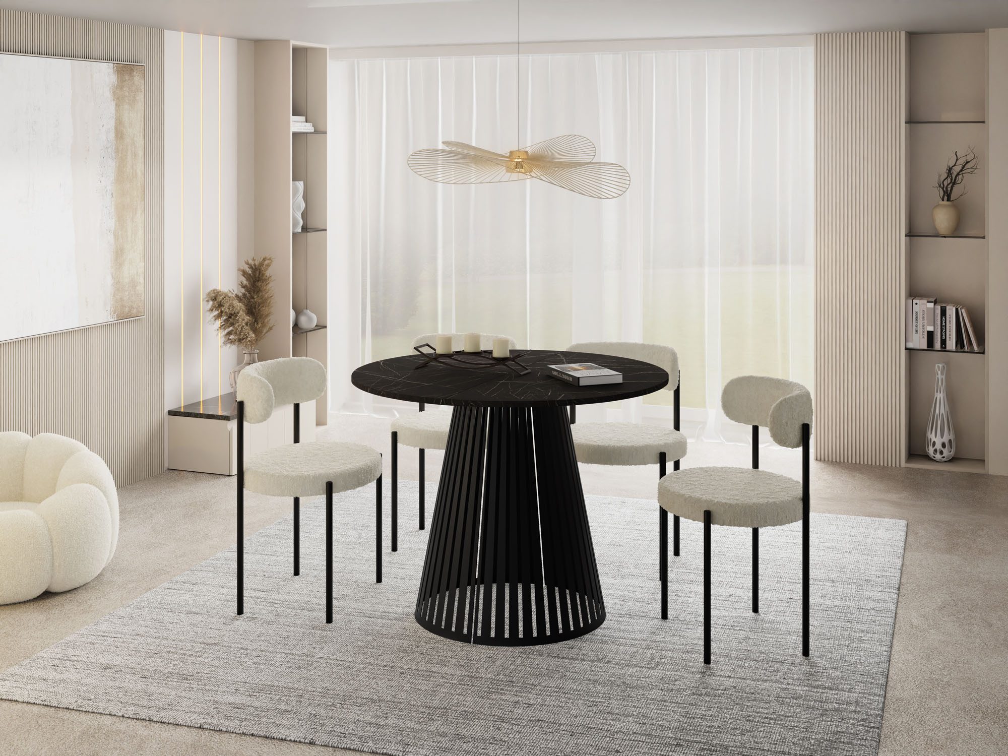 WFL GROUP Esstisch Naro Black ausziehbar rund modern mit schwarzen Metallbeinen (MADE IN EU, erhältlich in 2 Größen – 100/120 cm, ausziehbar auf 180/200 cm), platzsparender Tisch mit Lamellen für Küche, Esszimmer oder Wohnzimmer