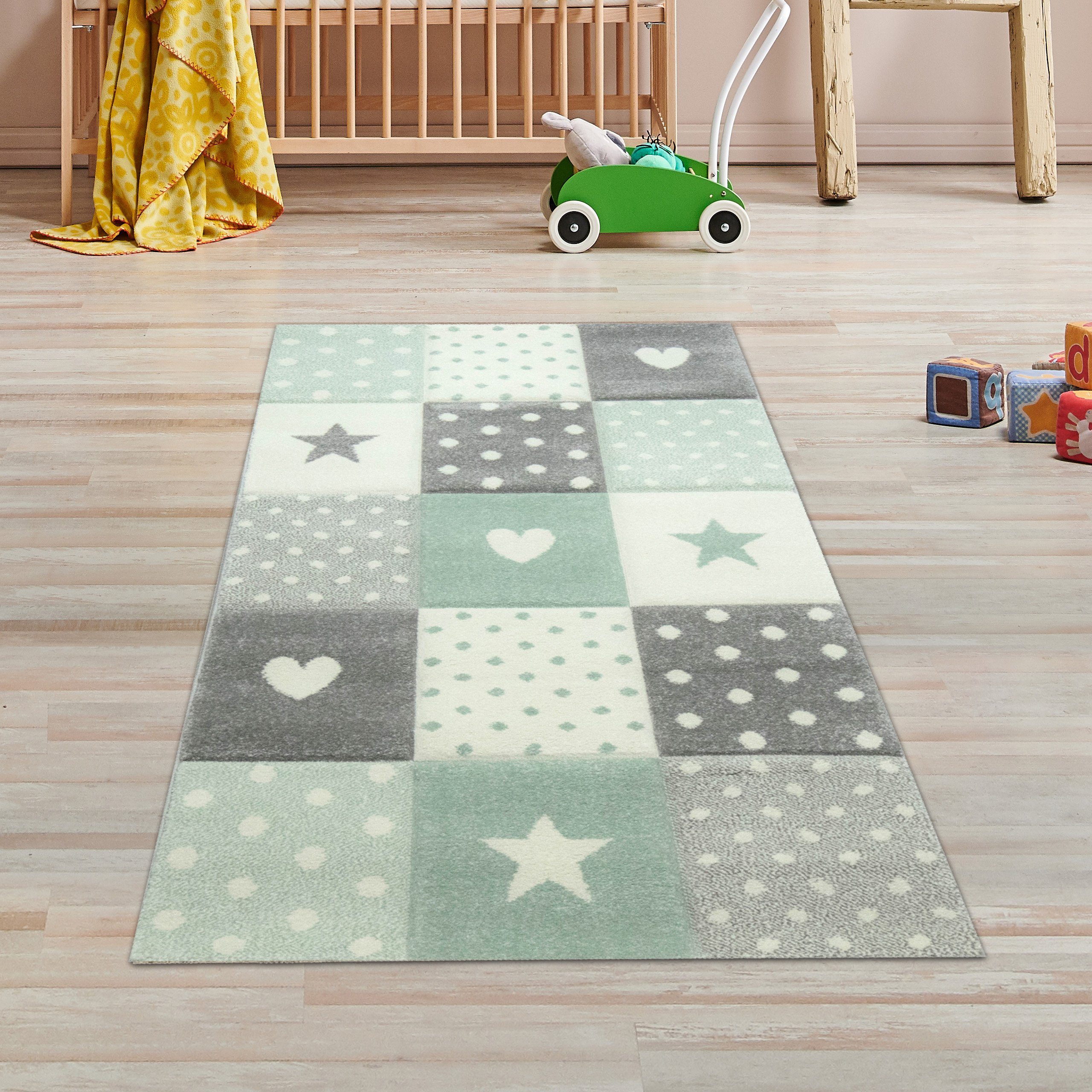 TeppichHome24 Kinderteppich Kinderteppich Herz Stern Punkte Design grün gra günstig online kaufen