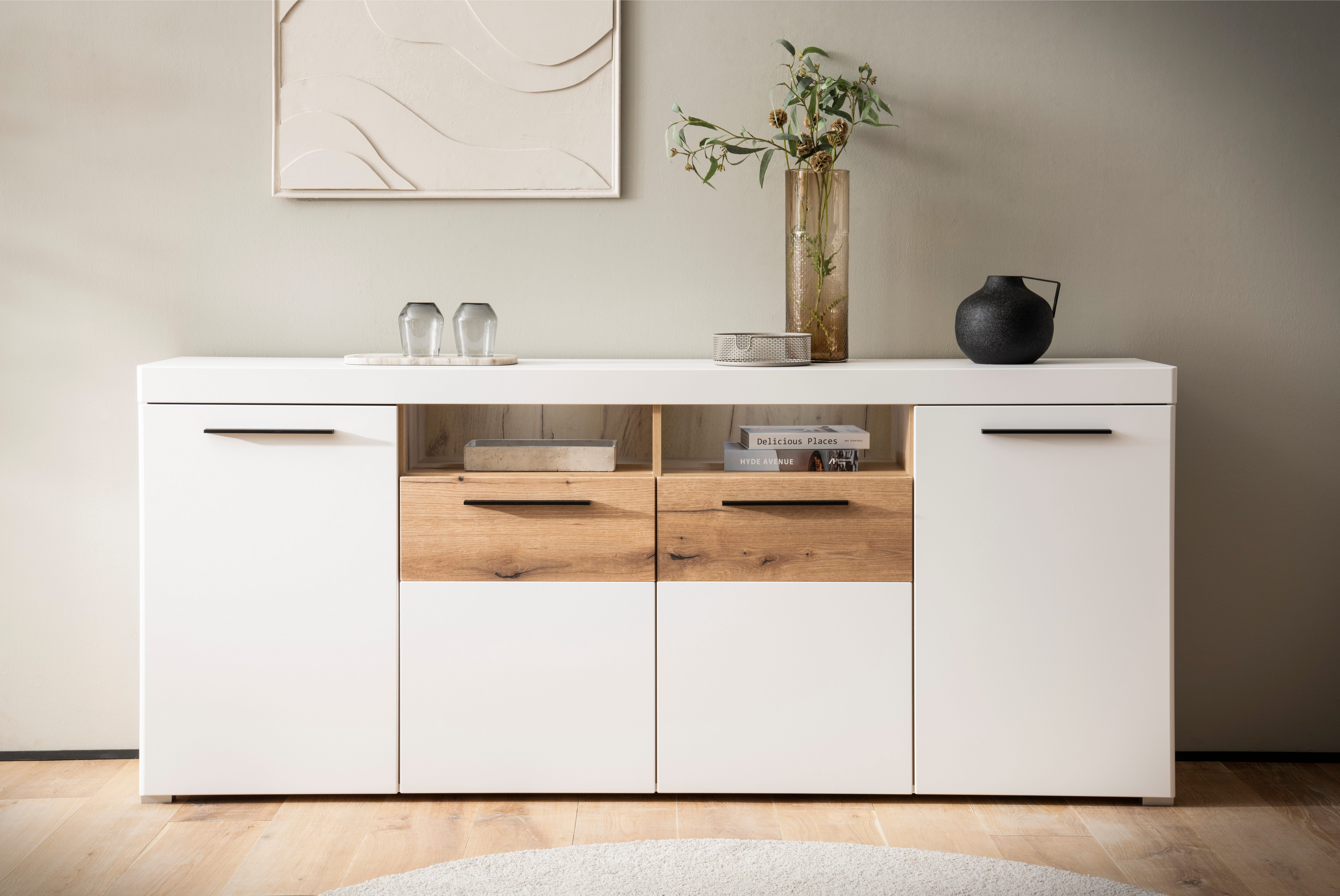 INOSIGN Sideboard Salerno, moderner Schrank, Highboard in Weiß mit Eiche Evoke Dekor, Metallgriffe, ausreichend Stauraum, vielseitig einsetzbar, 205cm breit