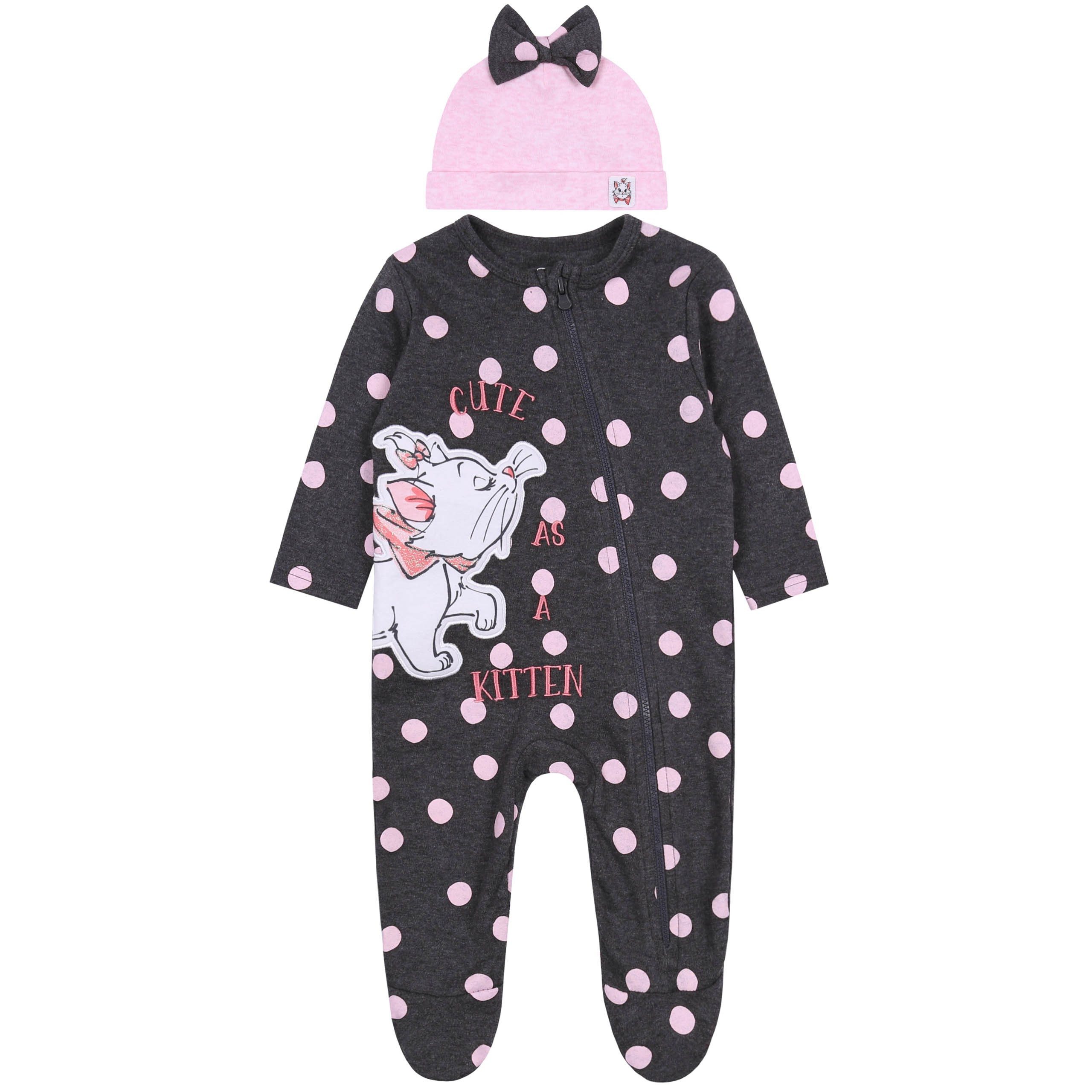 Body Grauer Strampleranzug mit pinken Tupfen+Mütze Katze Marie 9-12 Monate