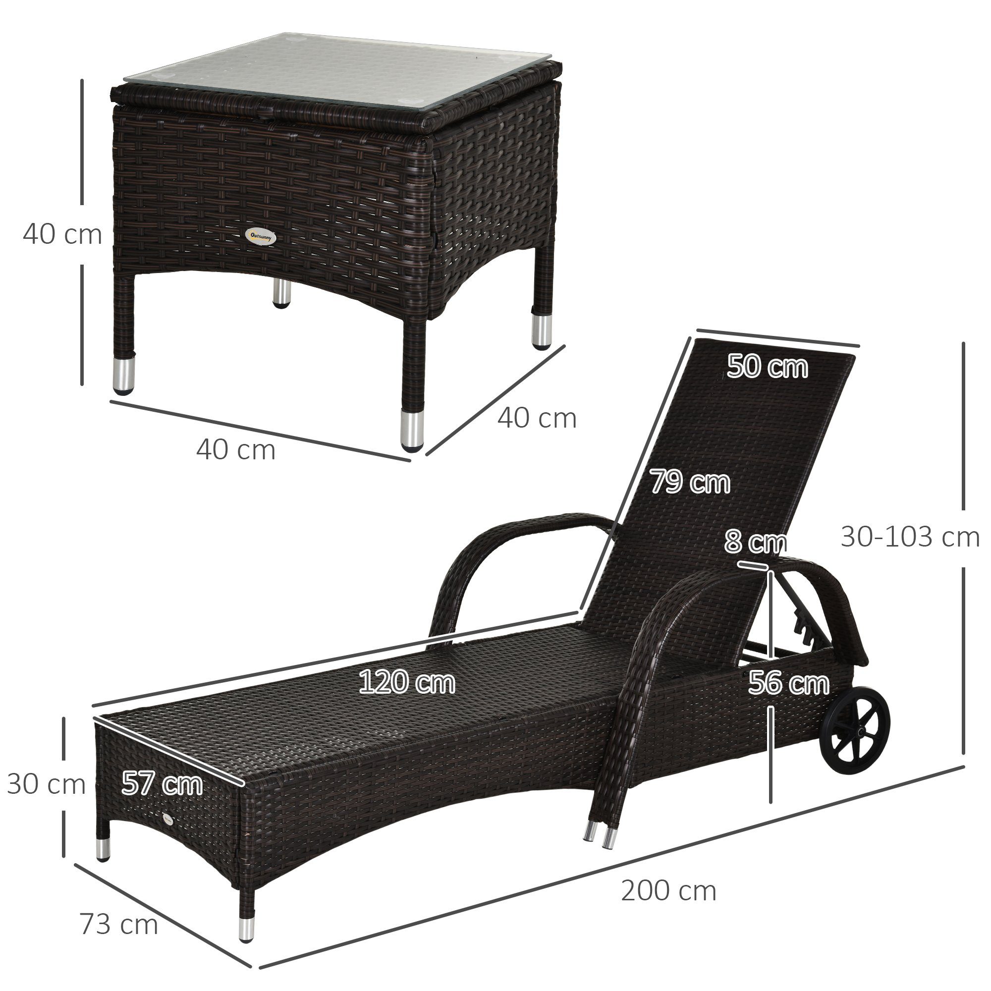 Outsunny Gartenliege Gartenliege mit Tisch 3er-Set Gartenmöbel Polyrattan+Metall, Liege, 3 St., Sonnenliege, Polyrattan+Metall Braun+Cremeweiß
