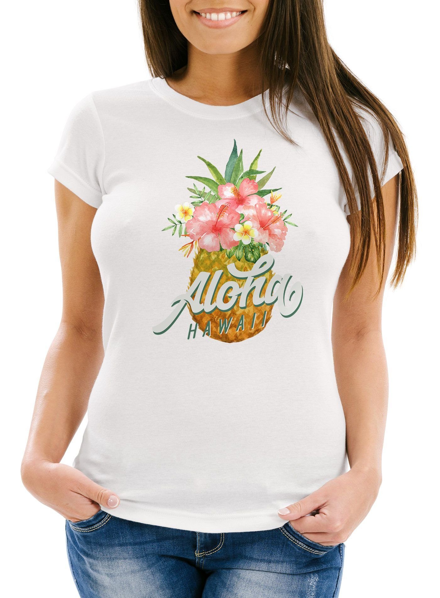 Pineapple mit Fit Neverless Aloha Ananas Damen Paradise Hawaii Slim T-Shirt Print tailliert Jungle Tropical Hummingbird Baumwolle Neverless® Print-Shirt Blumen Summer