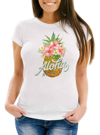 Neverless Print-Shirt Damen T-Shirt Ananas Aloha Hawaii Blumen Pineapple Tropical Summer Jungle Paradise Hummingbird Slim Fit tailliert Baumwolle Neverless® mit Print