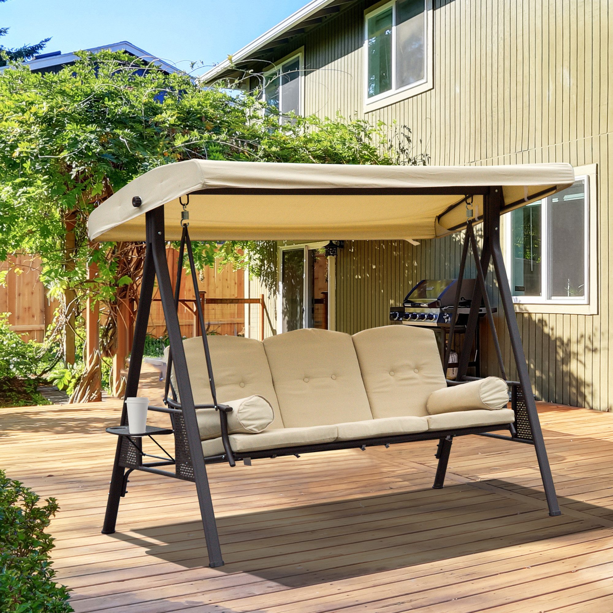 Outsunny Hollywoodschaukel Gartenschaukel mit Sonnendach Kissen Metall Polyester, 3-Sitzer, Relaxfunktionen, Gartenschaukel, 1 tlg., Schaukel, für Garten, Balkon, Beige
