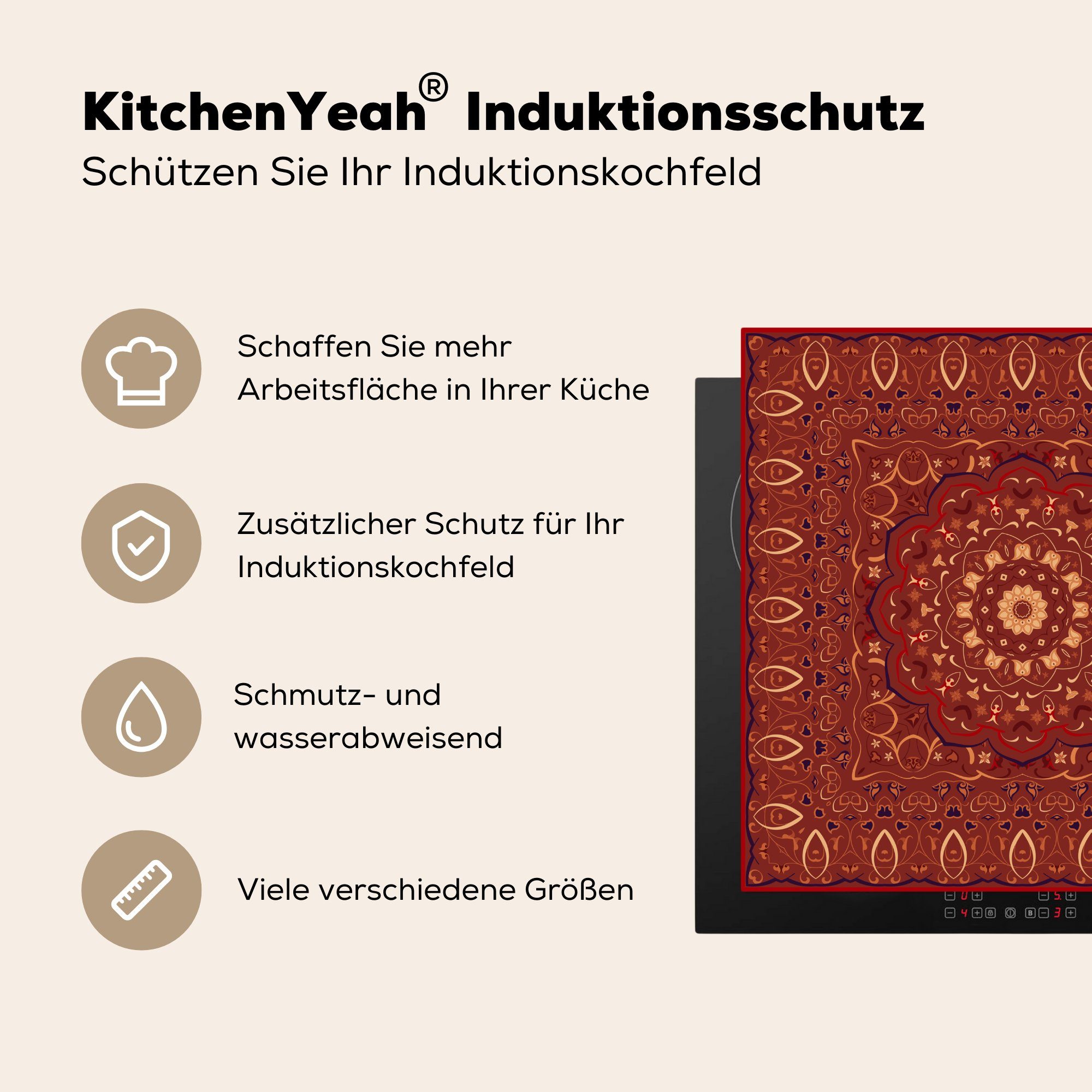 MuchoWow Herdblende-/Abdeckplatte Vinyl, 78x78 cm, tlg), - Ceranfeldabdeckung, Arbeitsplatte für - Mandala (1 Teppich küche Muster Rot, - Persischer