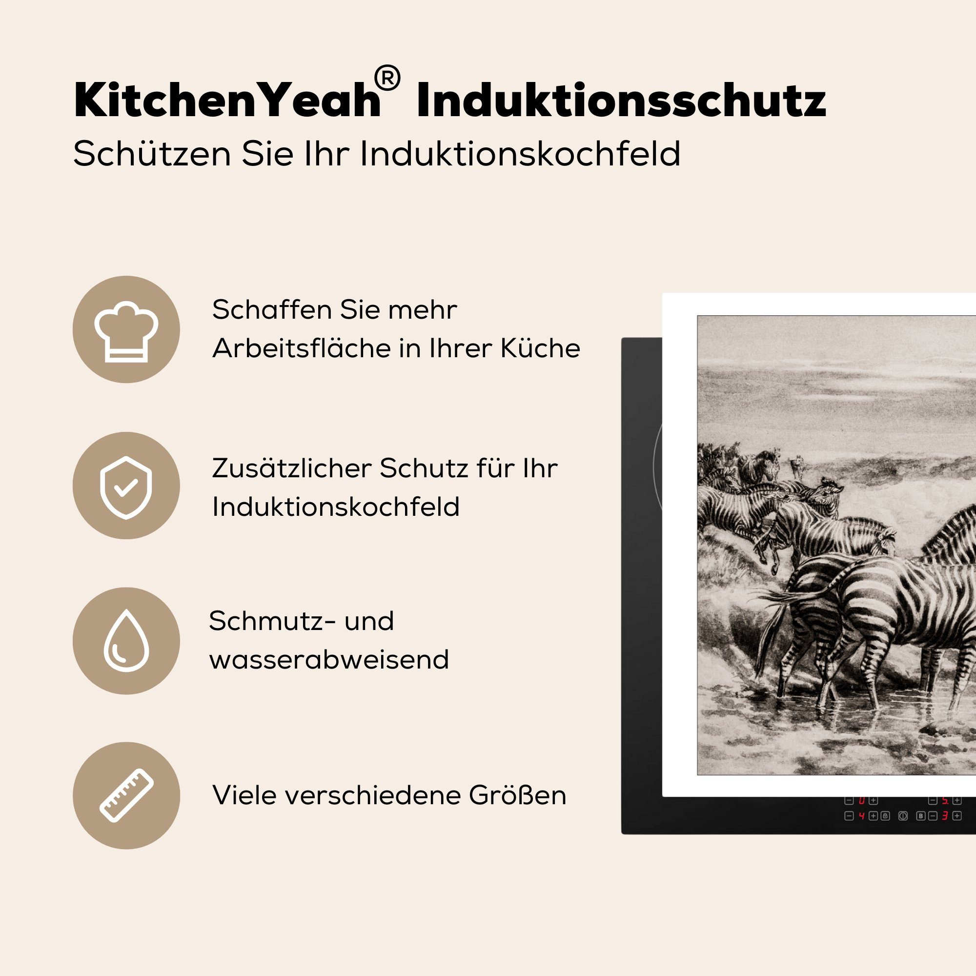 MuchoWow Herdblende-/Abdeckplatte Zebra - 81x52 Schutz Induktionskochfeld Wasser, - Vinyl, die (1 tlg), Illustration für Ceranfeldabdeckung cm, küche