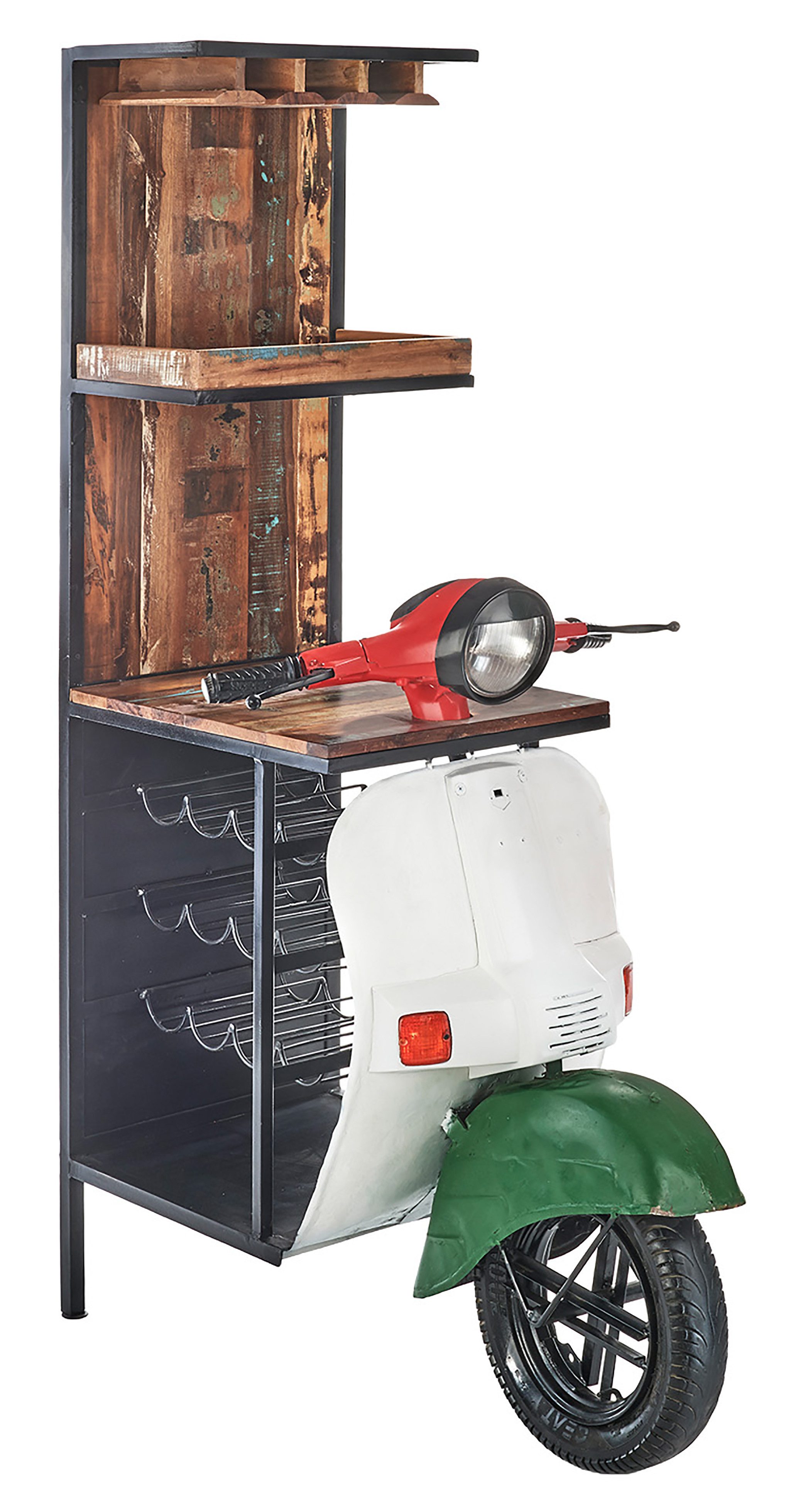 Kobolo Weinregal Regal SCOOTER ITALIA aus Holz und lackiertem Metall Anrichte Barschran, Einzelstück 1-tlg., Grün Weiß Rot