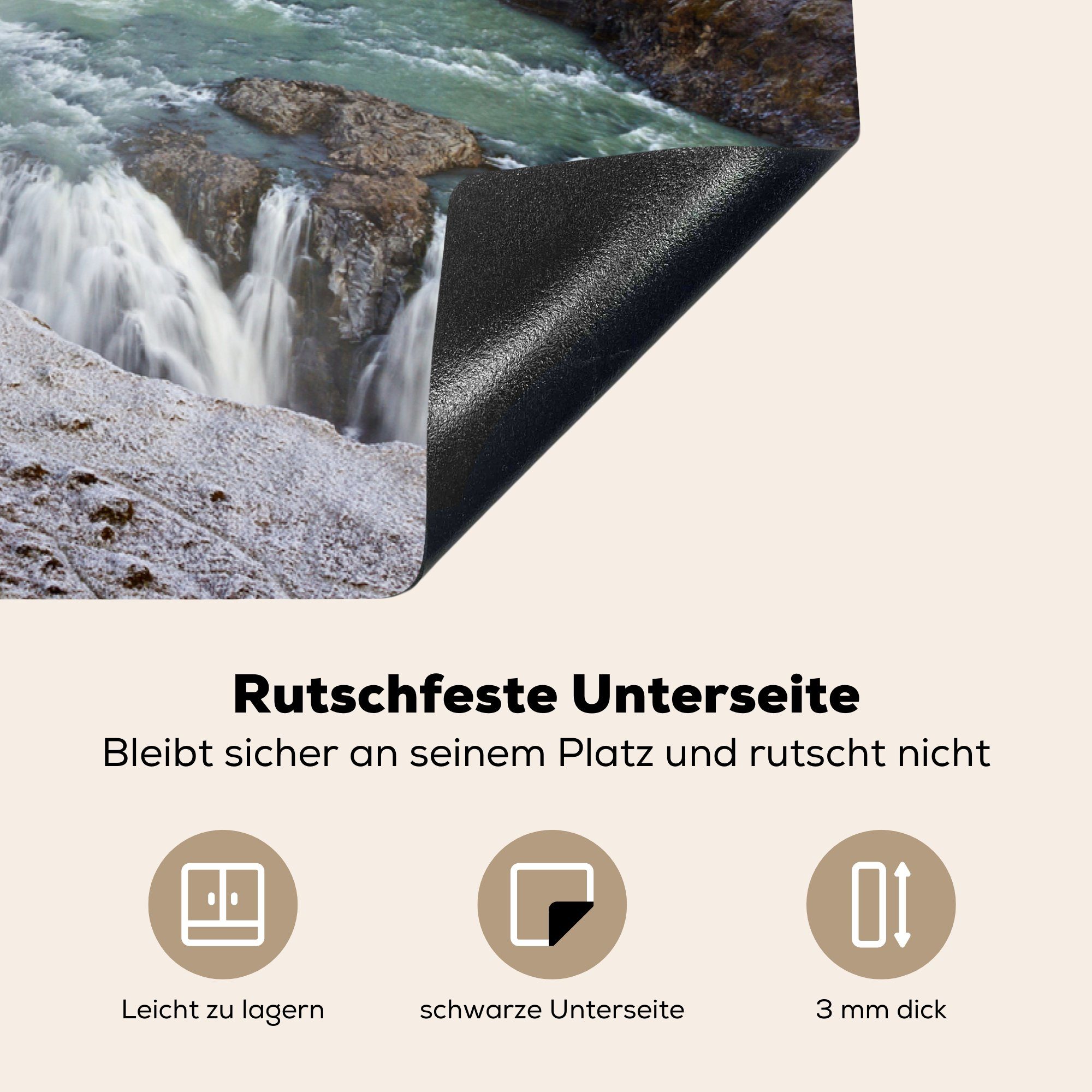 Himmel küche, Herdblende-/Abdeckplatte Vinyl, die cm, Induktionskochfeld am 81x52 Schutz (1 für Dunkler Gullfoss-Wasserfall Island, tlg), Ceranfeldabdeckung MuchoWow in