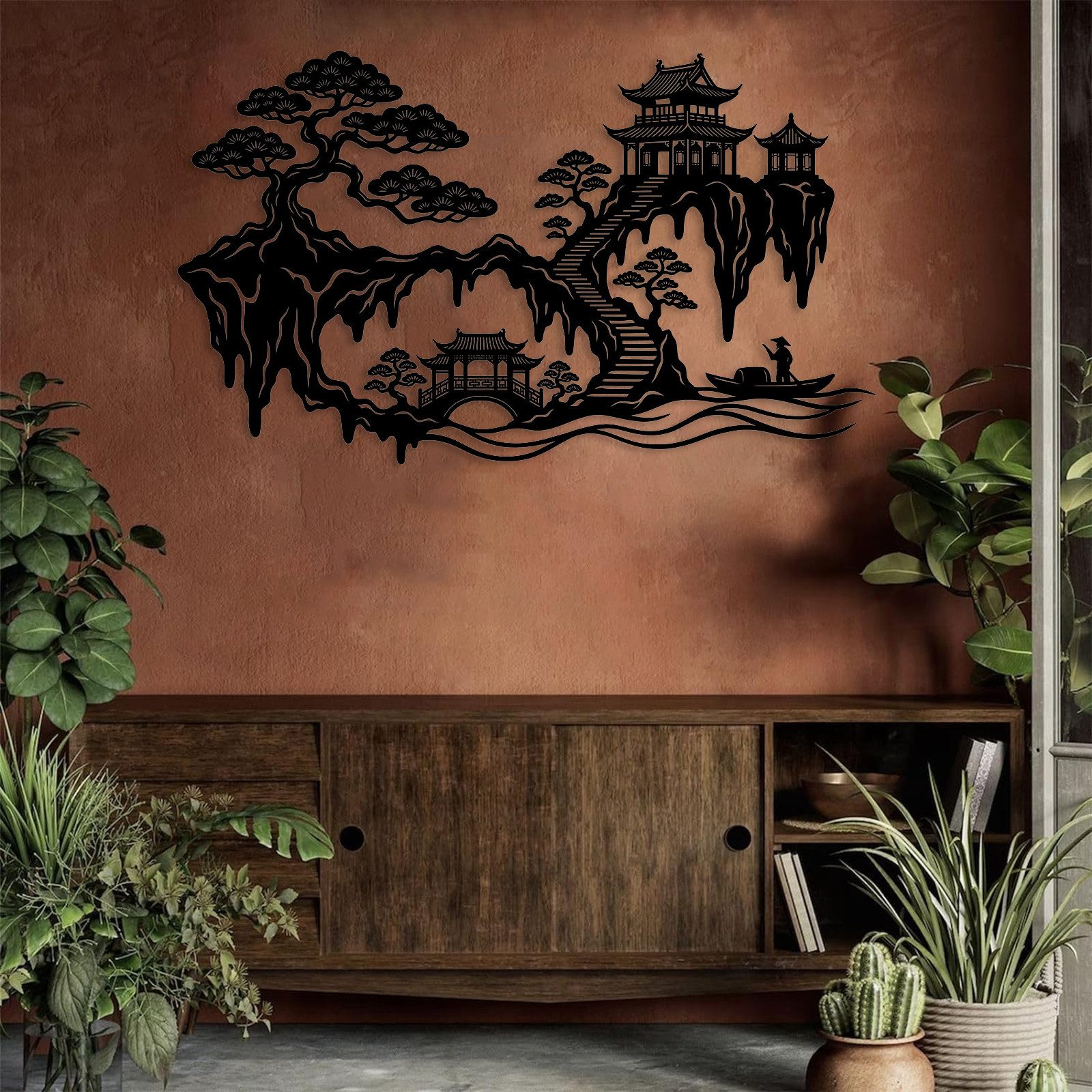 Jumpeak Wanddekoobjekt Metall Wanddeko, chinesische Landschaft, Pagode, Zen Deko, Linienkunst, Metall, 4 Farben, 4 Größen, Wanddekoration für das Wohnzimmer,Romantik