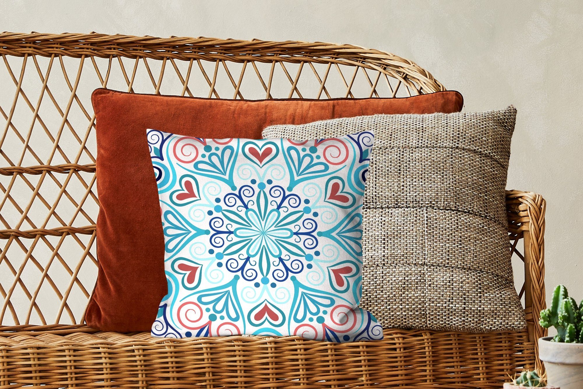 mit Sofakissen - Schlafzimmer, Abstrakt MuchoWow Wohzimmer, - Dekokissen Füllung - Blau Zierkissen Deko, - Bohème Mandala Flora, für