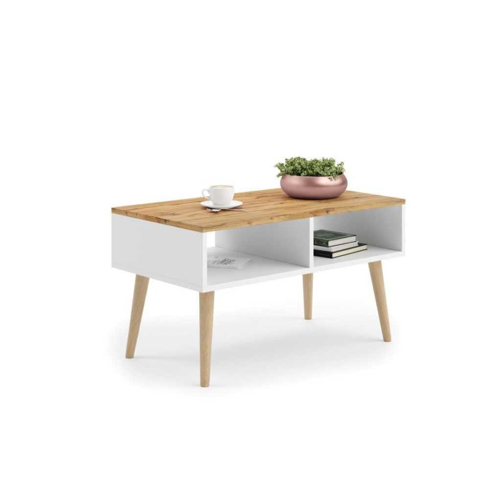 KOBI S.C. Couchtisch KOBI Couchtisch Holz skandinavisch 90x50 cm mit Ablagen in Weiß und Ei