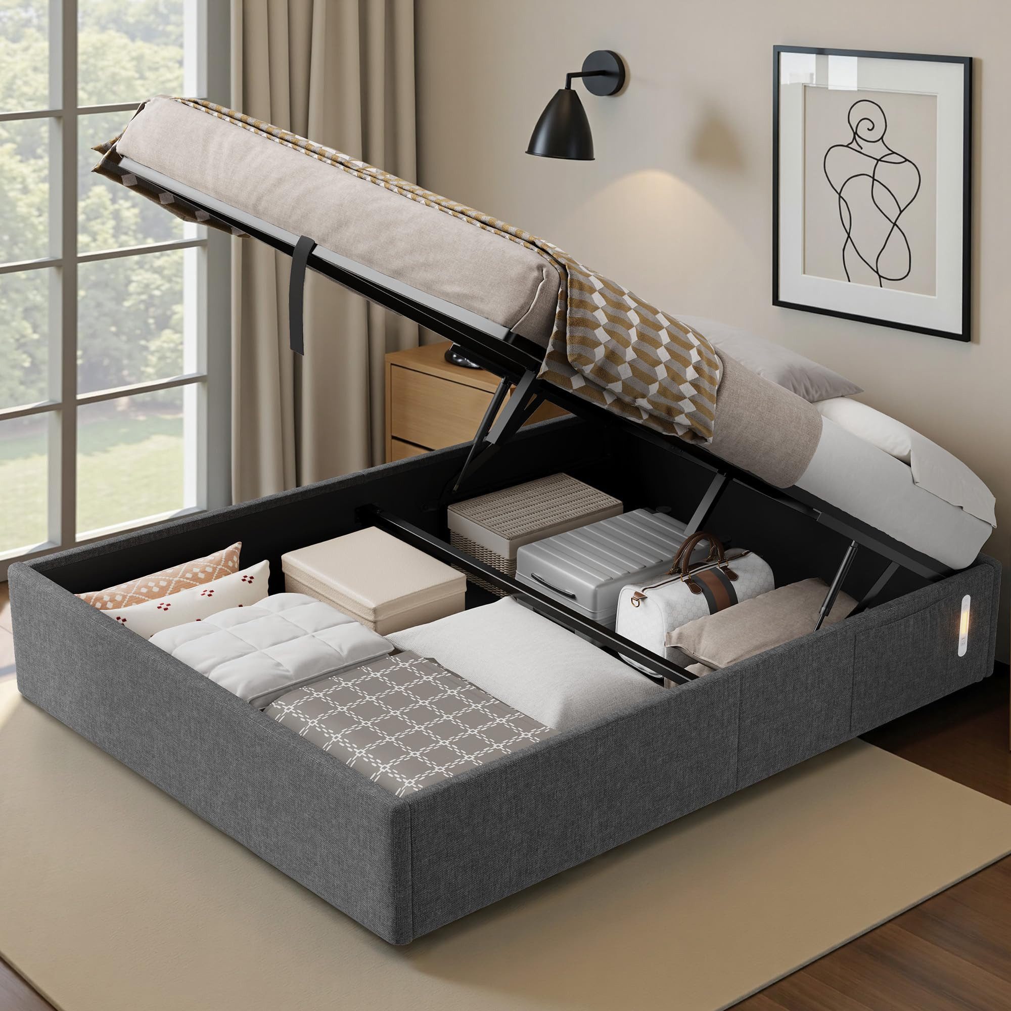 AMERLIFE Polsterbett mit hydraulischem Stauraum, LED und USB, Jugendbett ohne Kopfteil (Ohne Matratze), Stauraumbett, Doppelbett 160 x 200 cm