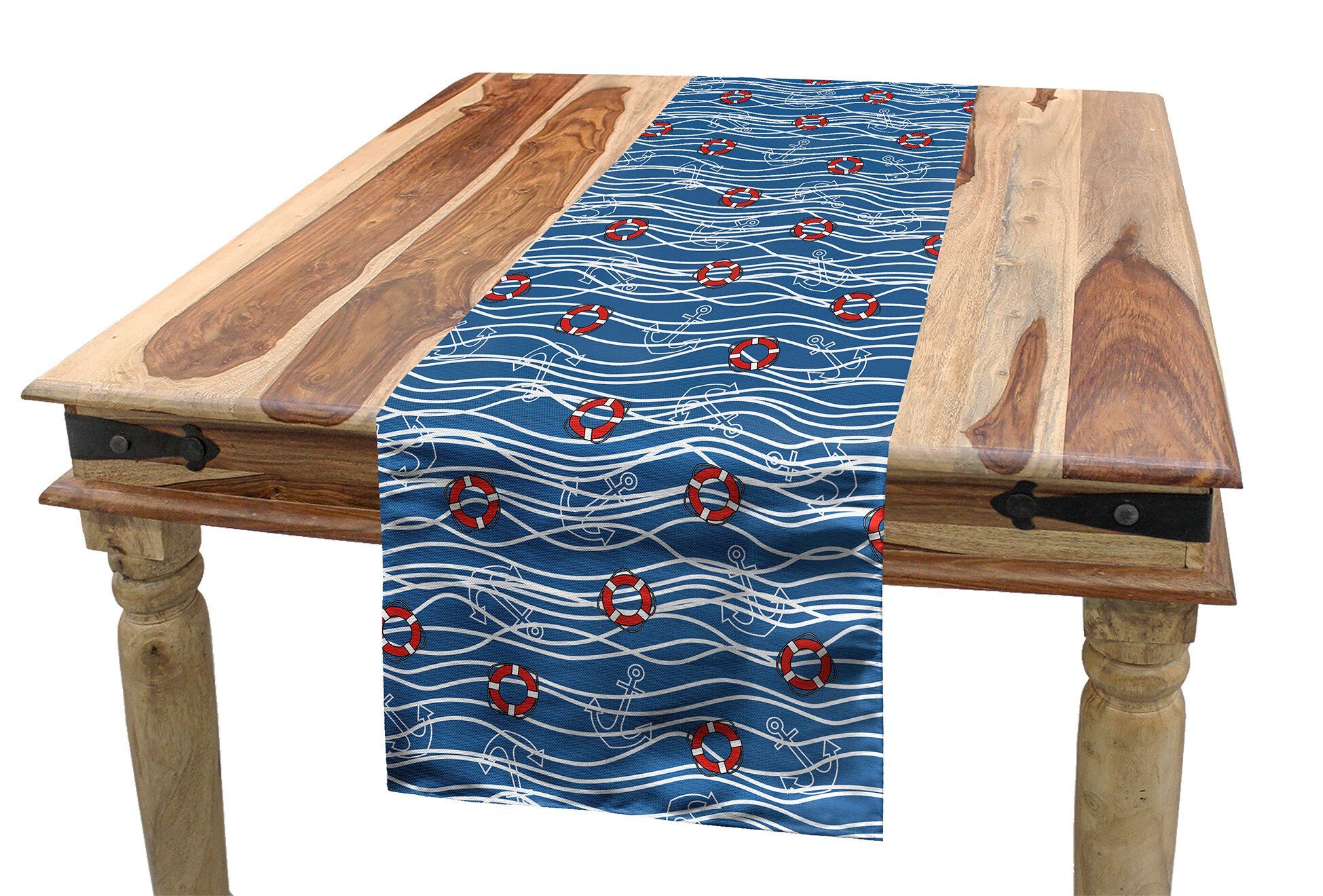 Abakuhaus Tischläufer Esszimmer Küche Rechteckiger Dekorativer Tischläufer, Nautisch Lifebuoys Blue Sea Waves