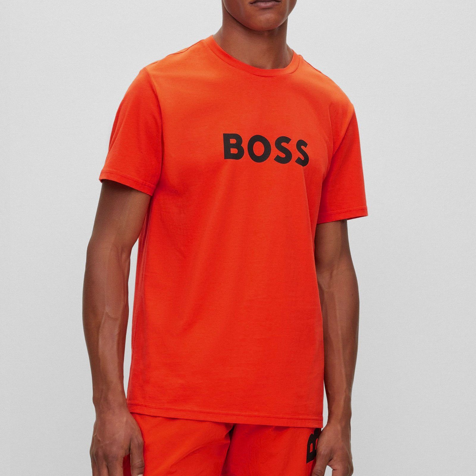 BOSS T-Shirt T-Shirt RN mit 821 der bright Markenprint orange großem Brust auf