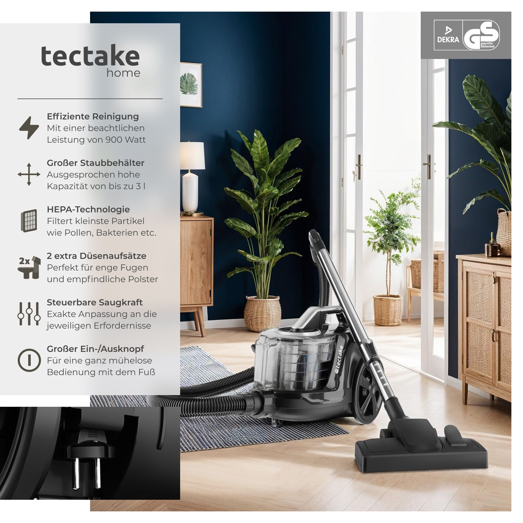 tectake Bodenstaubsauger Staubsauger, Staubbehälter, ohne Beutel, 900 W, beutellos
