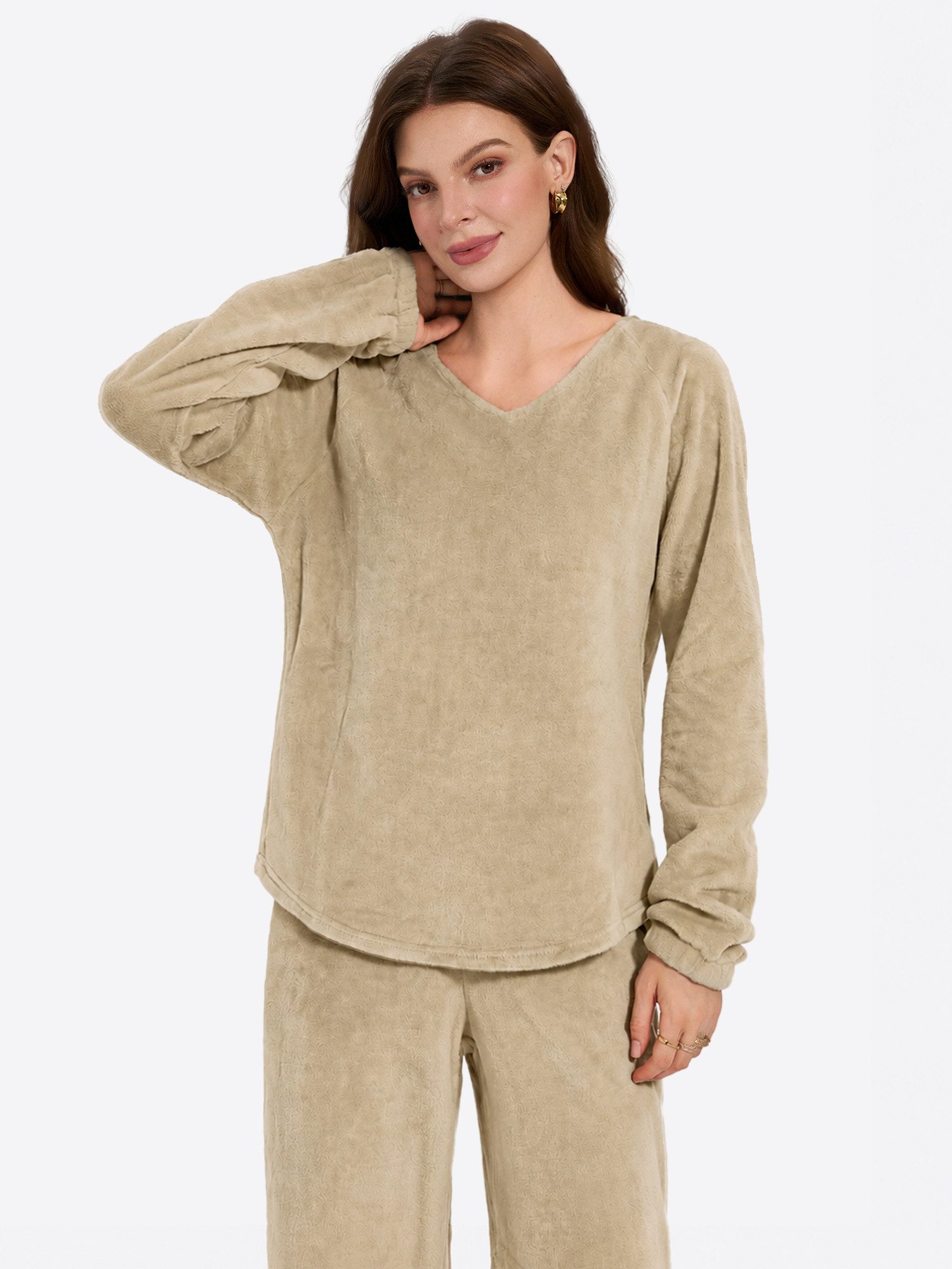 Imily Bela Hausanzug Damen Lounge-Set mit V-Ausschnitt (Set, 2 tlg., V-Ausschnitt Oberteil + Weiter Hose) in Unifarbe – Bild 5 von 5
