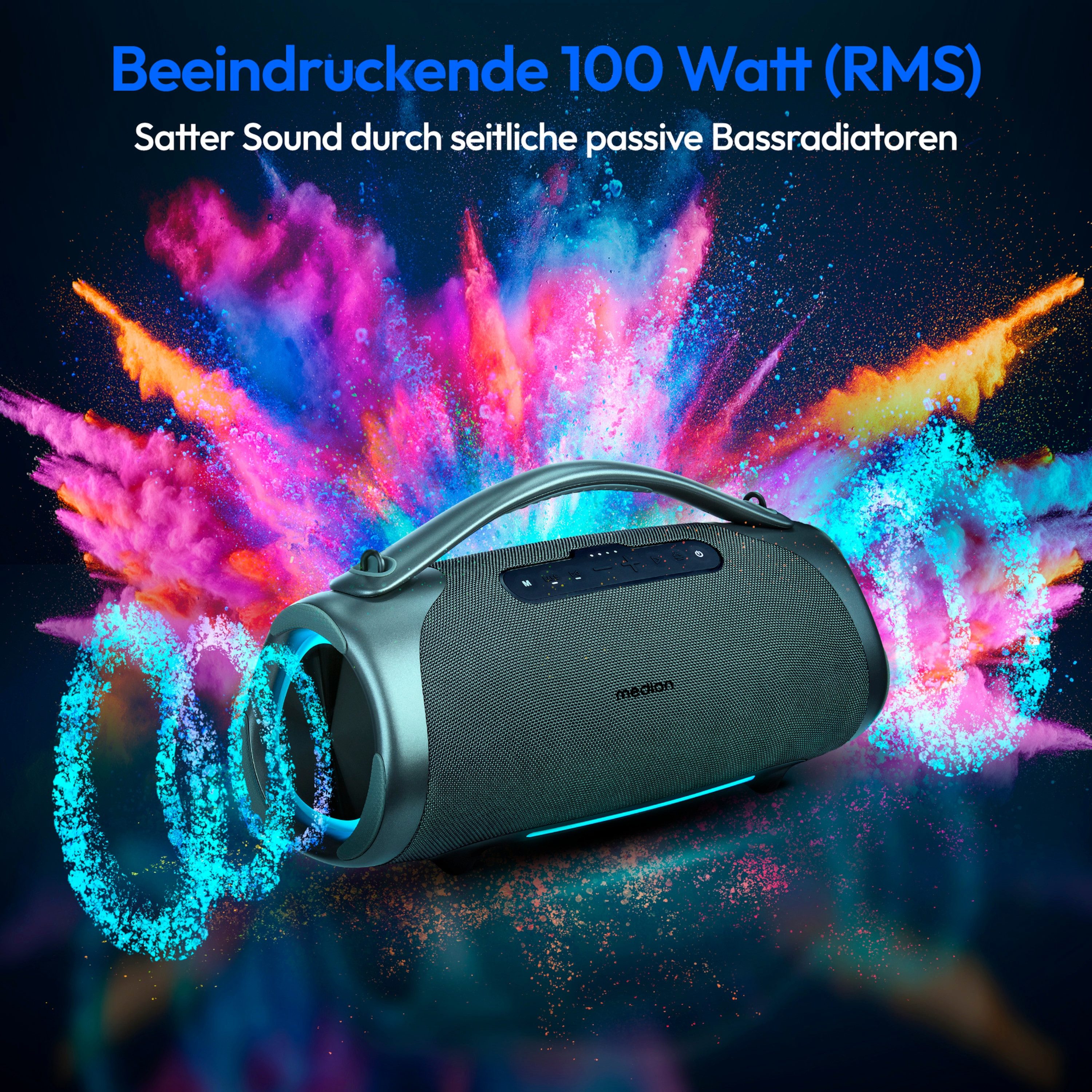 Medion® LIFE® P61768 (MD43768) XL Bluetooth-Lautsprecher (A2DP Bluetooth, AVRCP Bluetooth, Bluetooth, 100 W, tragbar, Akku, Bass Boost, Musikbox, RGB, IPX7, Powerbank, Anthrazit)