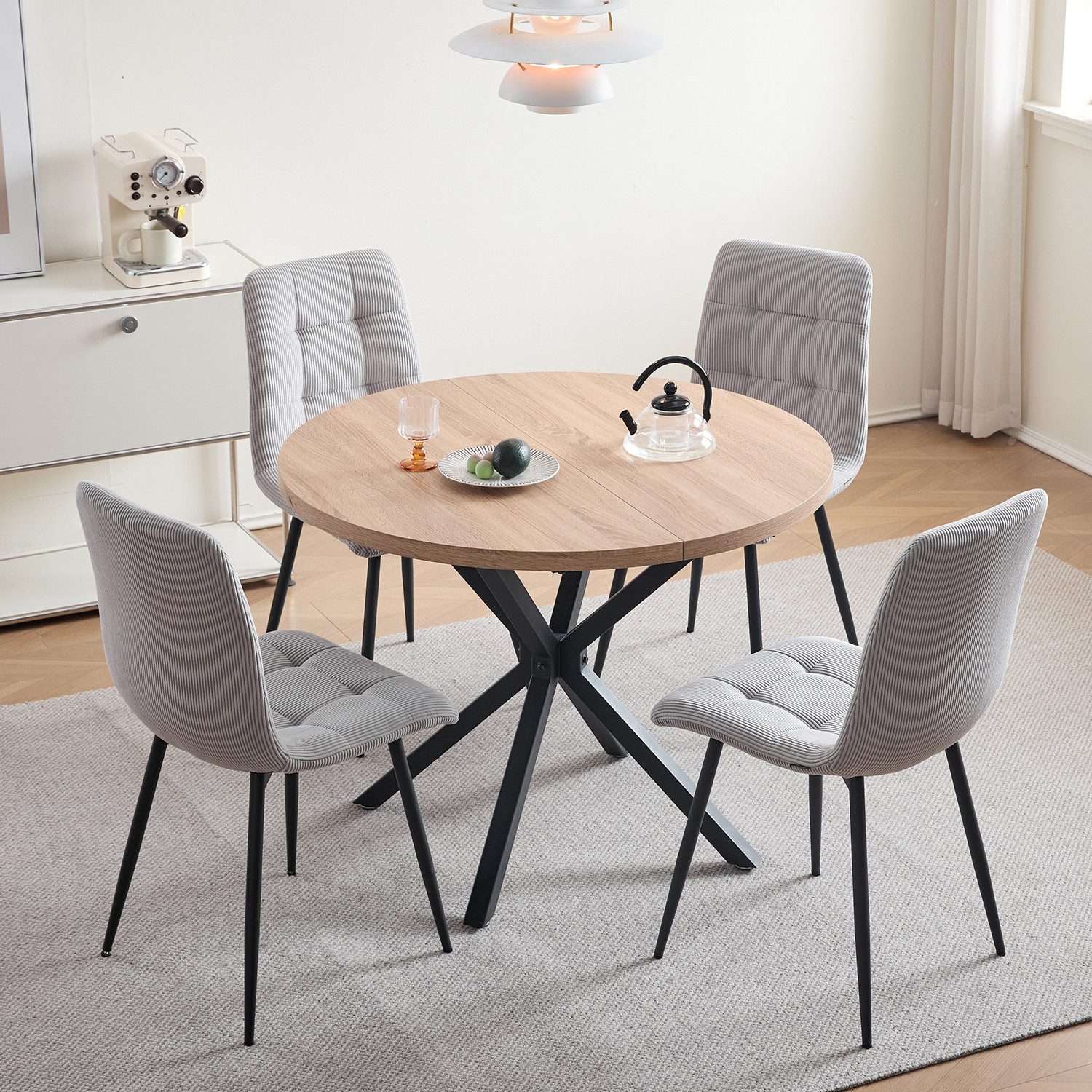 GrandCA HOME Essgruppe Tisch- und Stuhl-Set im Nordischen Stil, Essgruppe mit Stühlen, (5-tlg), Stühle aus Dutch Velvet / Cord, Metallbeine, Schwarz/Grau