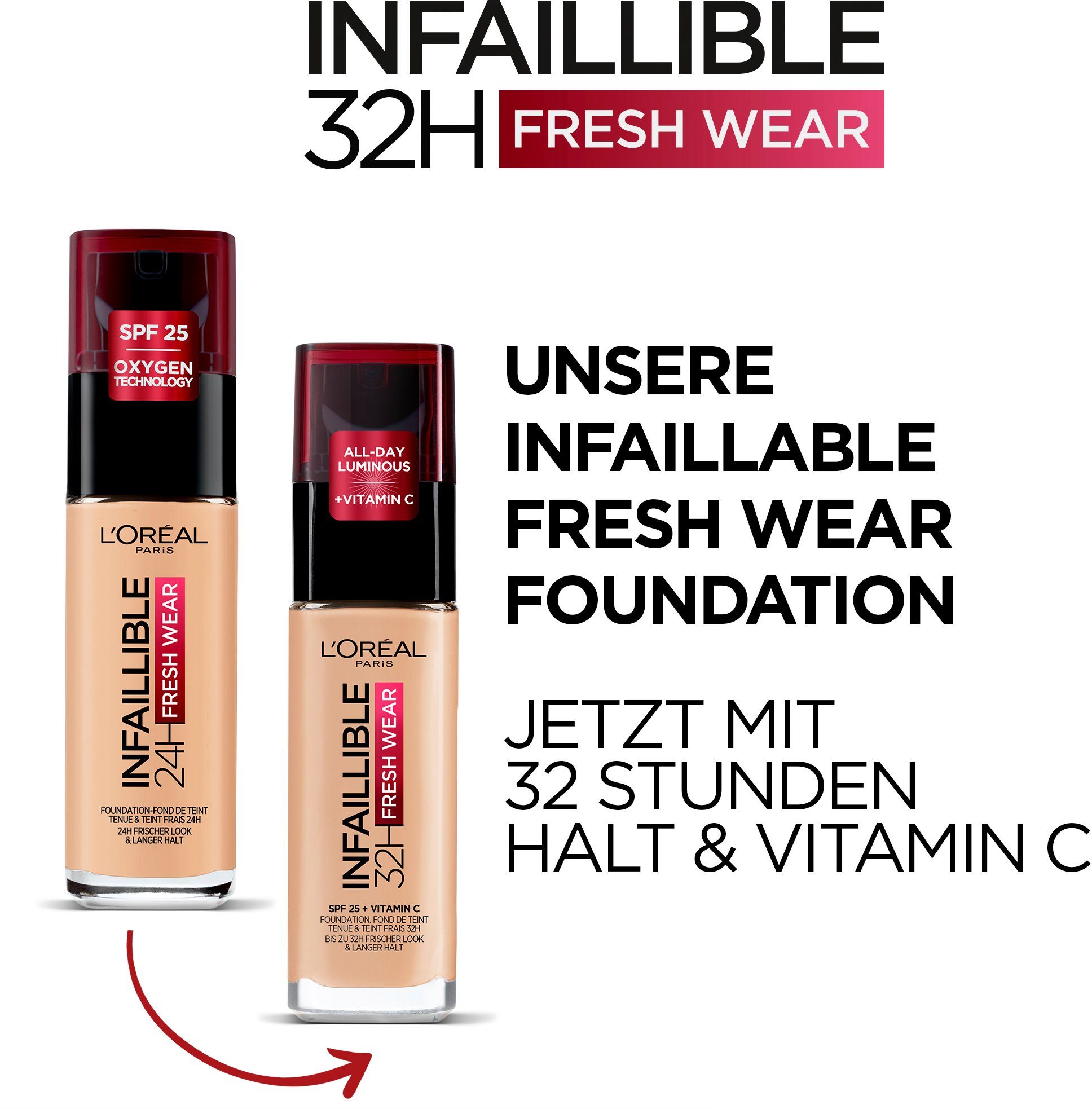 L'ORÉAL PARIS Foundation INFAILLIBLE 32H FRESH WEAR MAKE-UP FOUNDATION, wirkt bis zu 32 Stunden lang wie frisch aufgetragen
