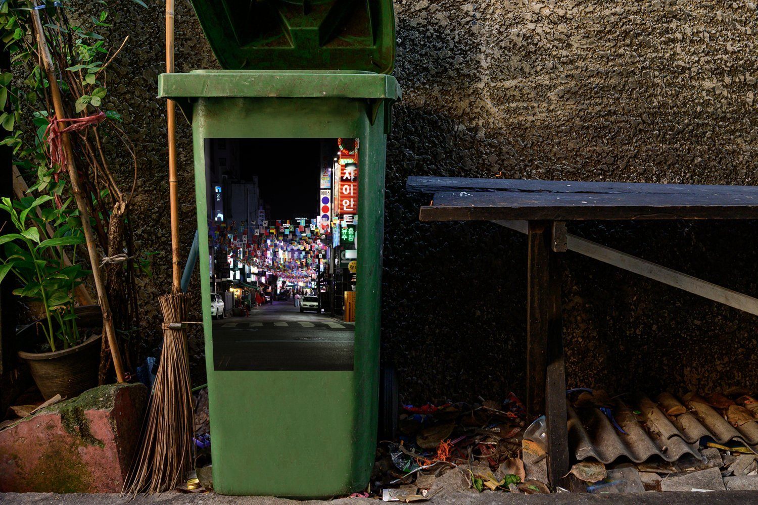 MuchoWow Wandsticker Internationale Flaggen St), (1 hängen Sticker, Mülltonne, Abfalbehälter in in Südkorea einer Container, Mülleimer-aufkleber, Straße