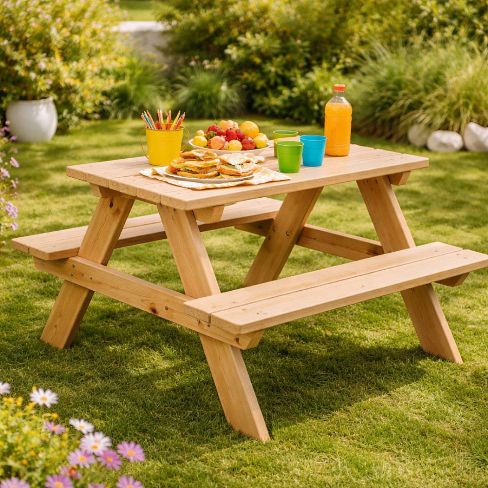 Koopman Garten-Kindersitzgruppe Picknick Bank Kinderbank Spielbank Sitzgruppe Holz 89x79x50cm, (1-tlg), Braun, Holzbank, 2 Sitzbänke, demontiert, Kindermöbel