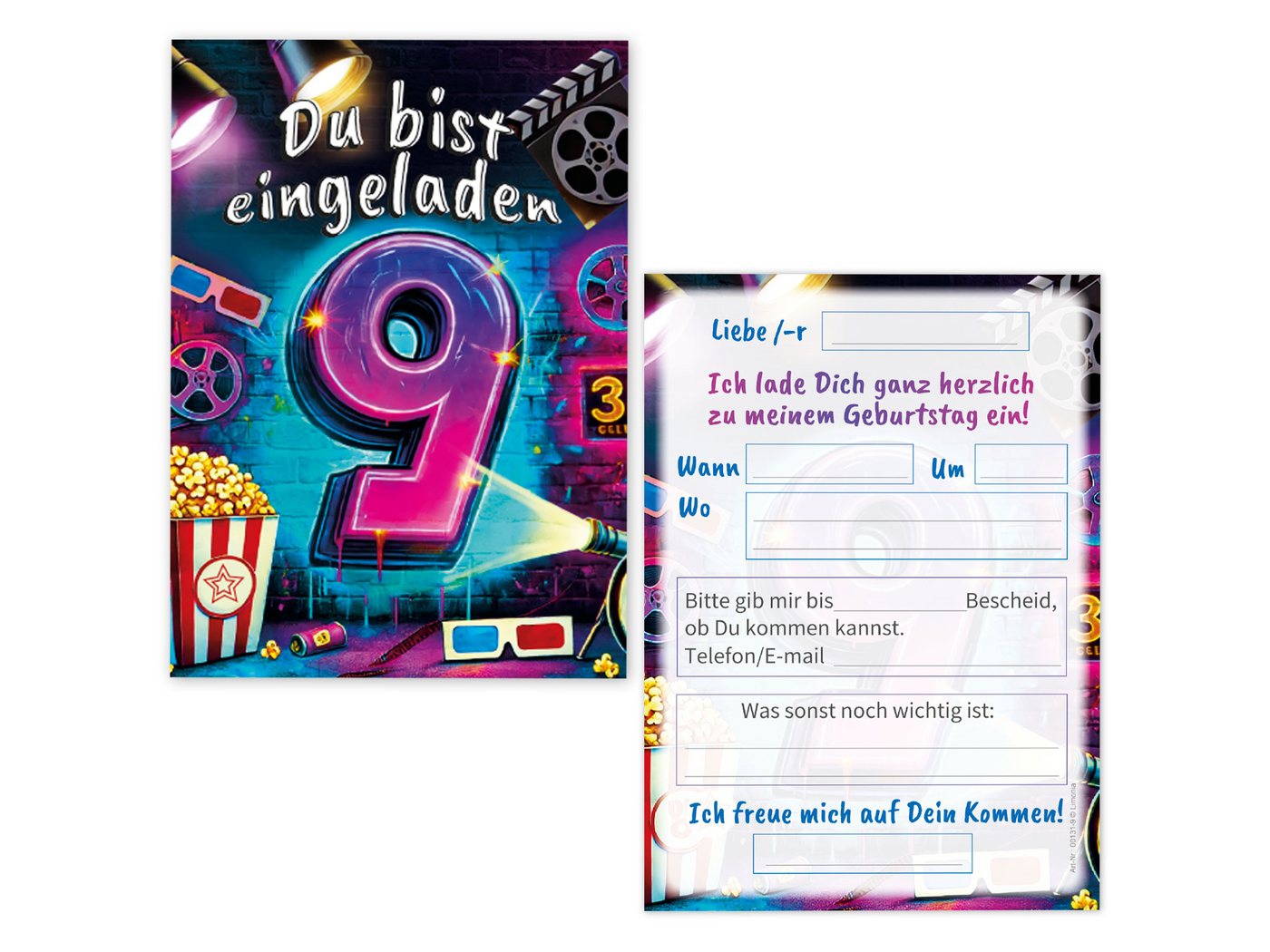 Thumbnail - LIMONIA Einladungskarten Kino Party zum 9. Kindergeburtstag Einladungen Cinema Graffiti Karten, Einladungen zum neunten ...