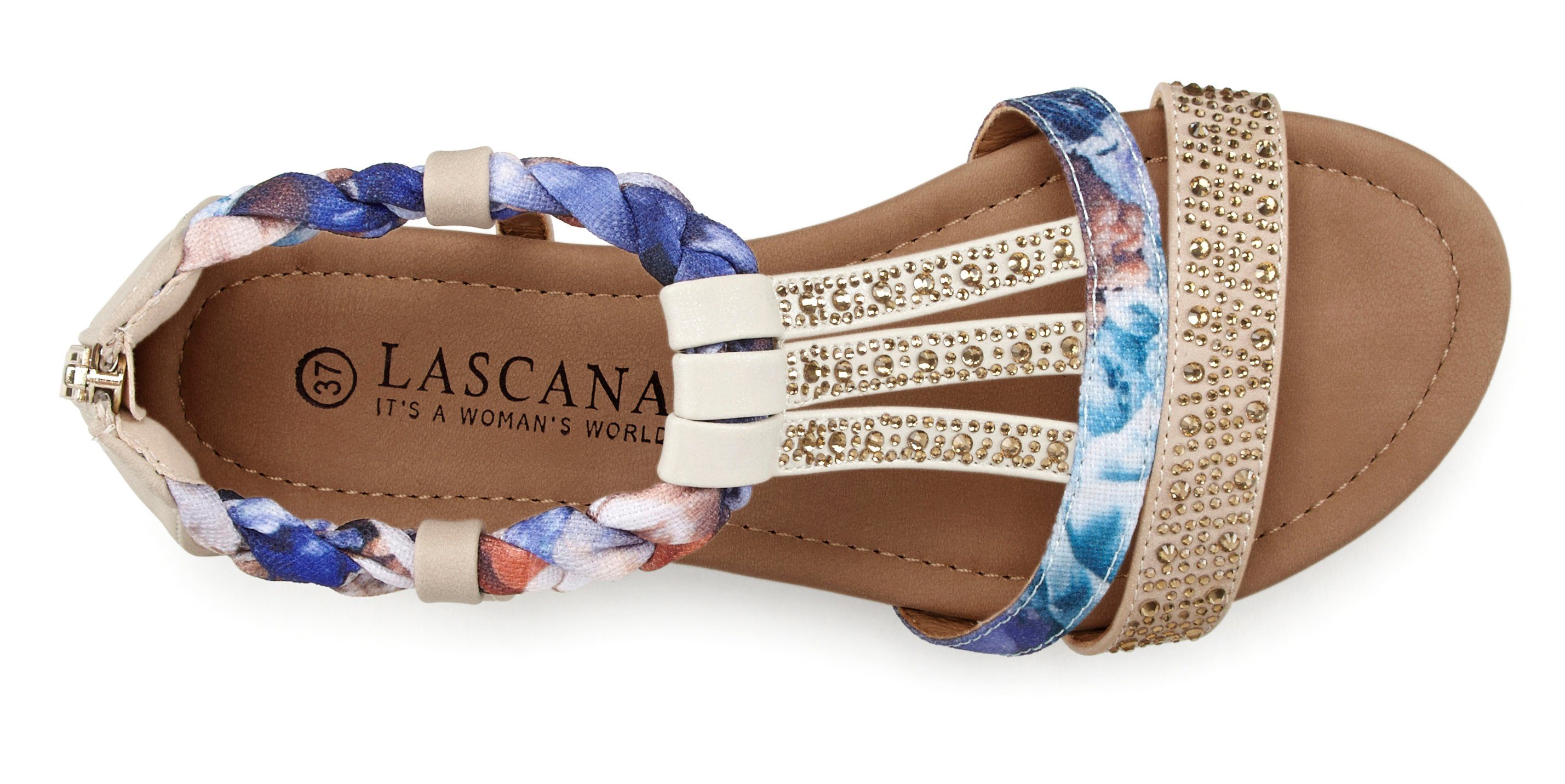 LASCANA Sandale beige-blau Sandalette, kleinem VEGAN und mit Sommerschuh Keilabsatz Verzierung
