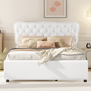 Ulife Polsterbett Doppelbett mit Rollbett und zwei Schubladen, 140*200 cm (90*190 cm), PU, ausziehbares Bett