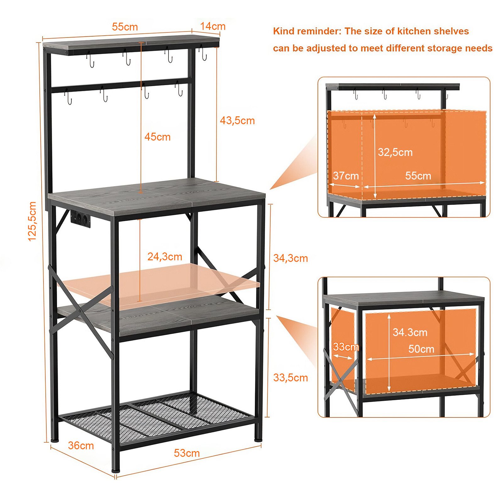 BBWL Standregal Mikrowellenregal aus Holz & Metall mit 2 Steckdosen, Anti-Kipp-Schutz, höhenverstellbaren Füßen, Haken und Sicherheits-Schalter, 53x36x125,5 cm
